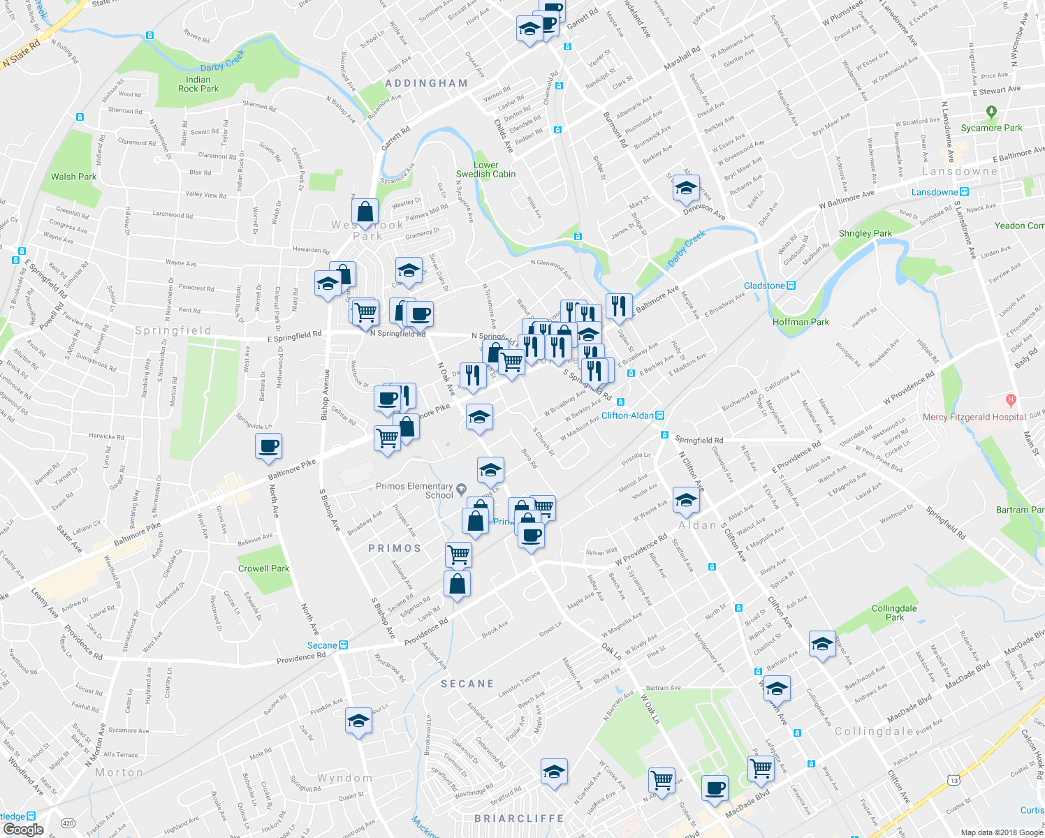 map of restaurants, bars, coffee shops, grocery stores, and more near 124 S Church St in Clifton Heights