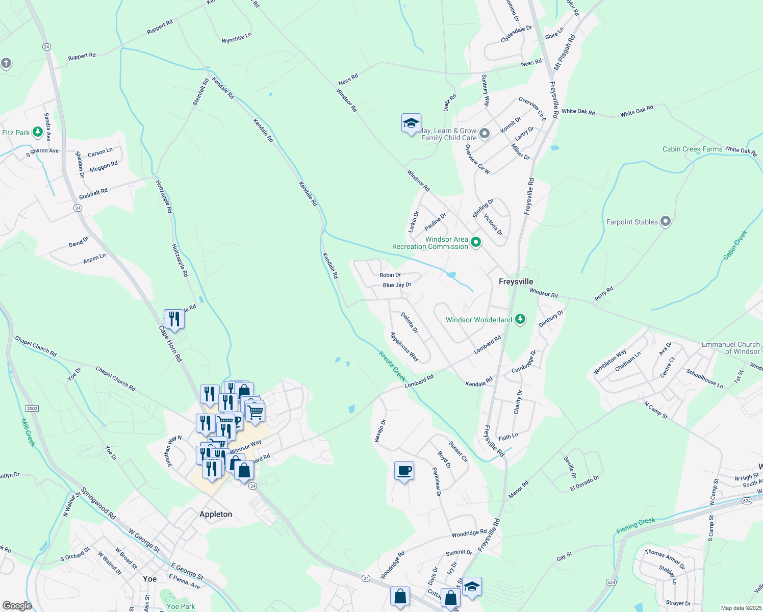 map of restaurants, bars, coffee shops, grocery stores, and more near 336 Kendale Road in Red Lion