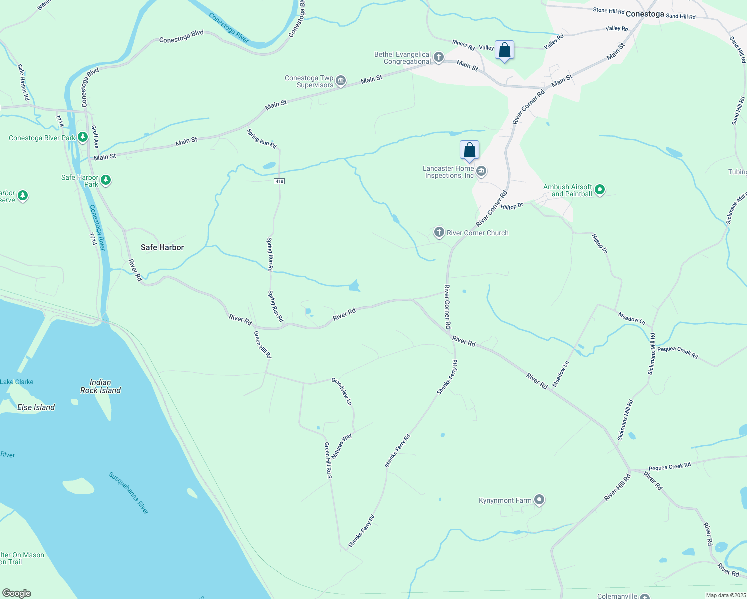 map of restaurants, bars, coffee shops, grocery stores, and more near 6201 River Road in Conestoga