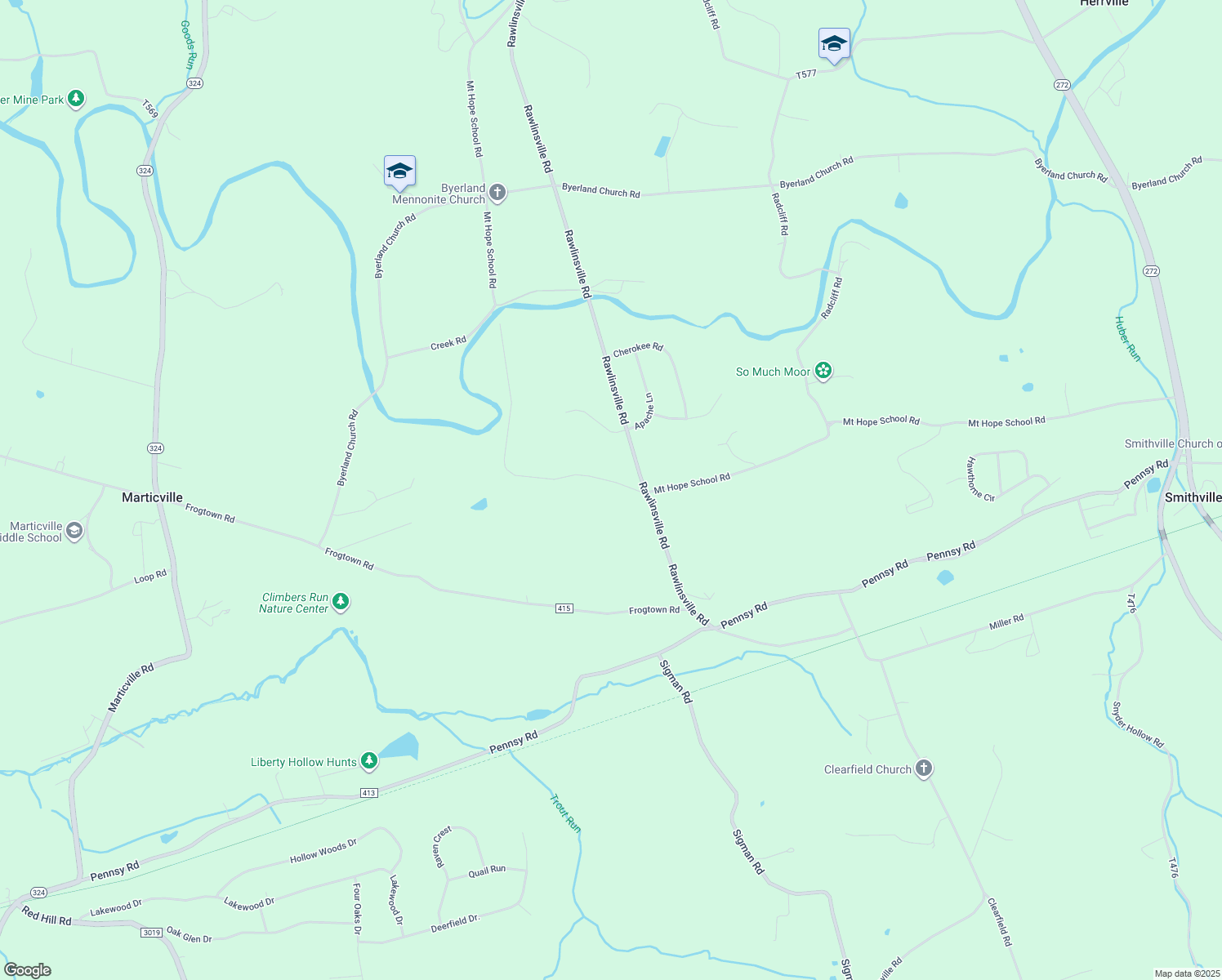 map of restaurants, bars, coffee shops, grocery stores, and more near 310 Mount Hope School Road in Willow Street
