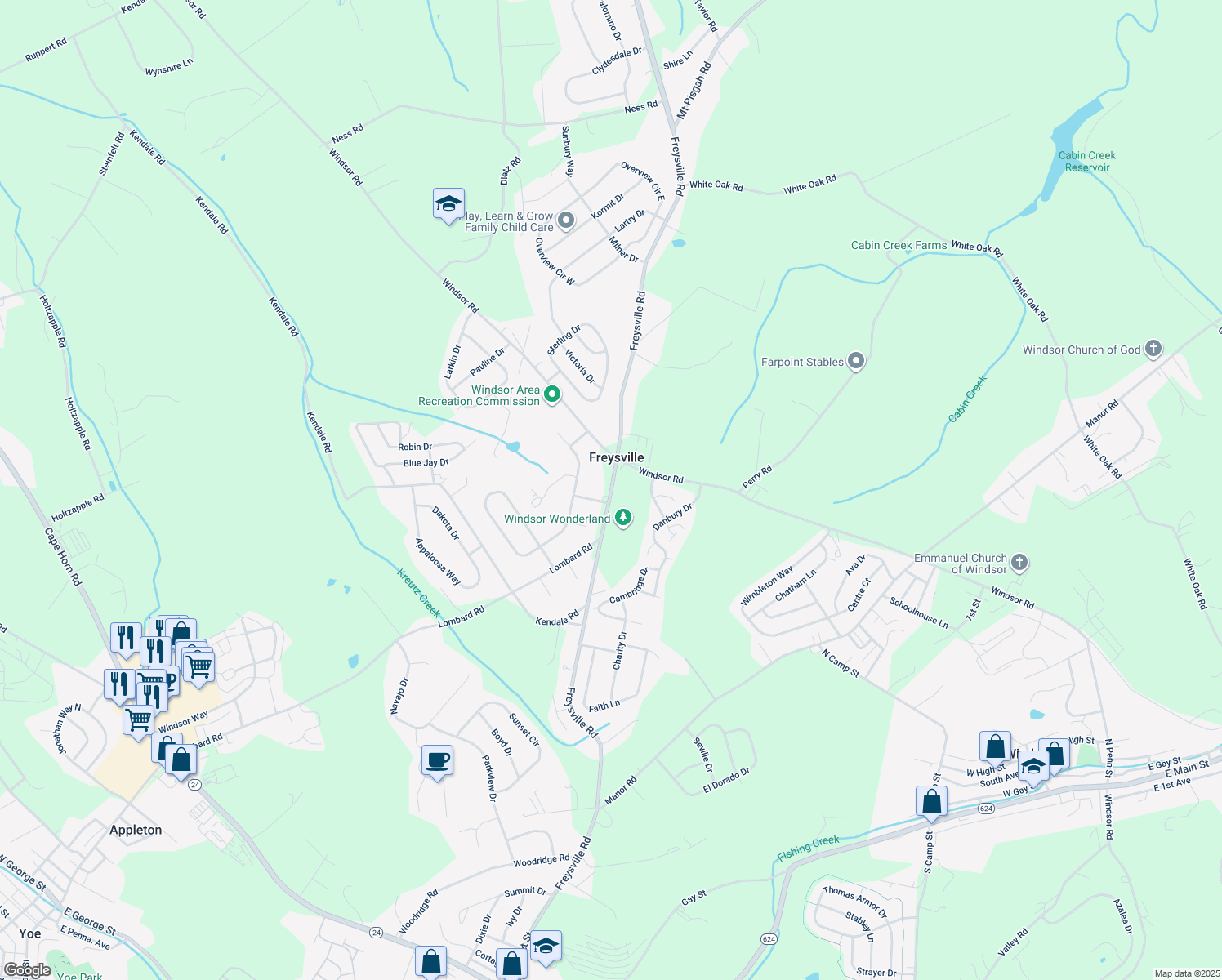 map of restaurants, bars, coffee shops, grocery stores, and more near 2660 Freysville Road in Red Lion