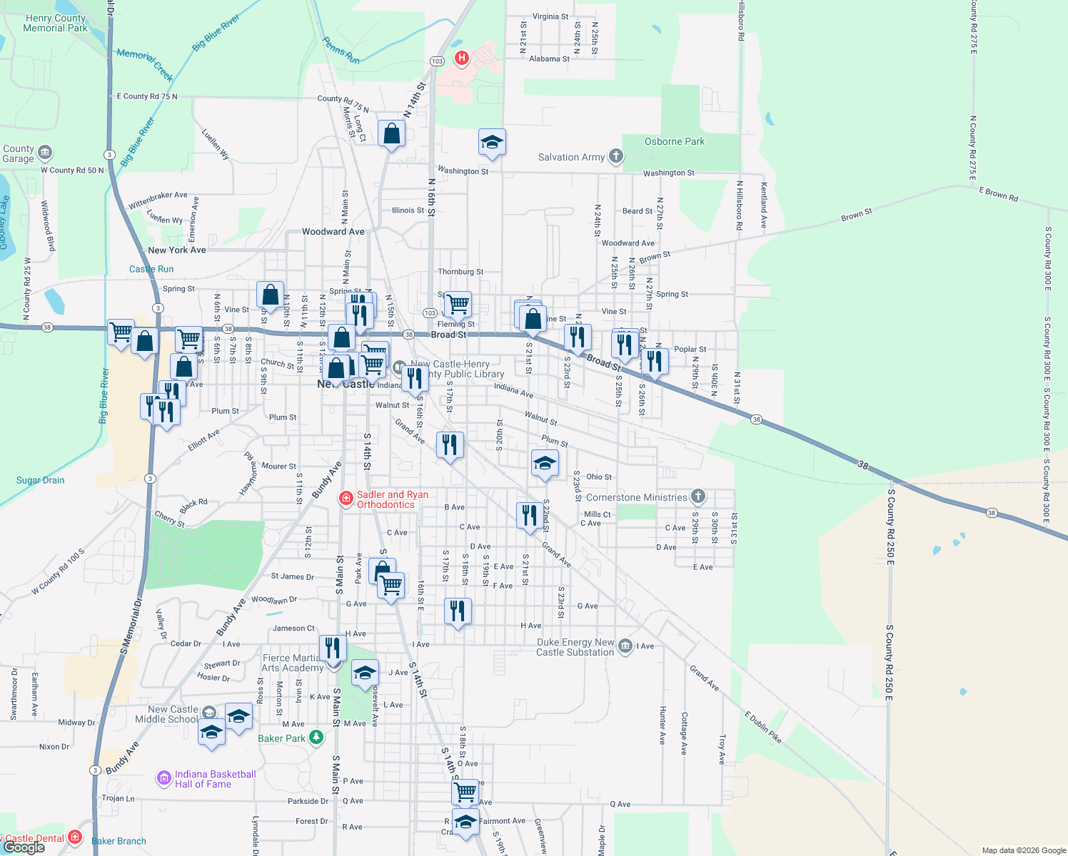 map of restaurants, bars, coffee shops, grocery stores, and more near 2022 Lincoln Avenue in New Castle