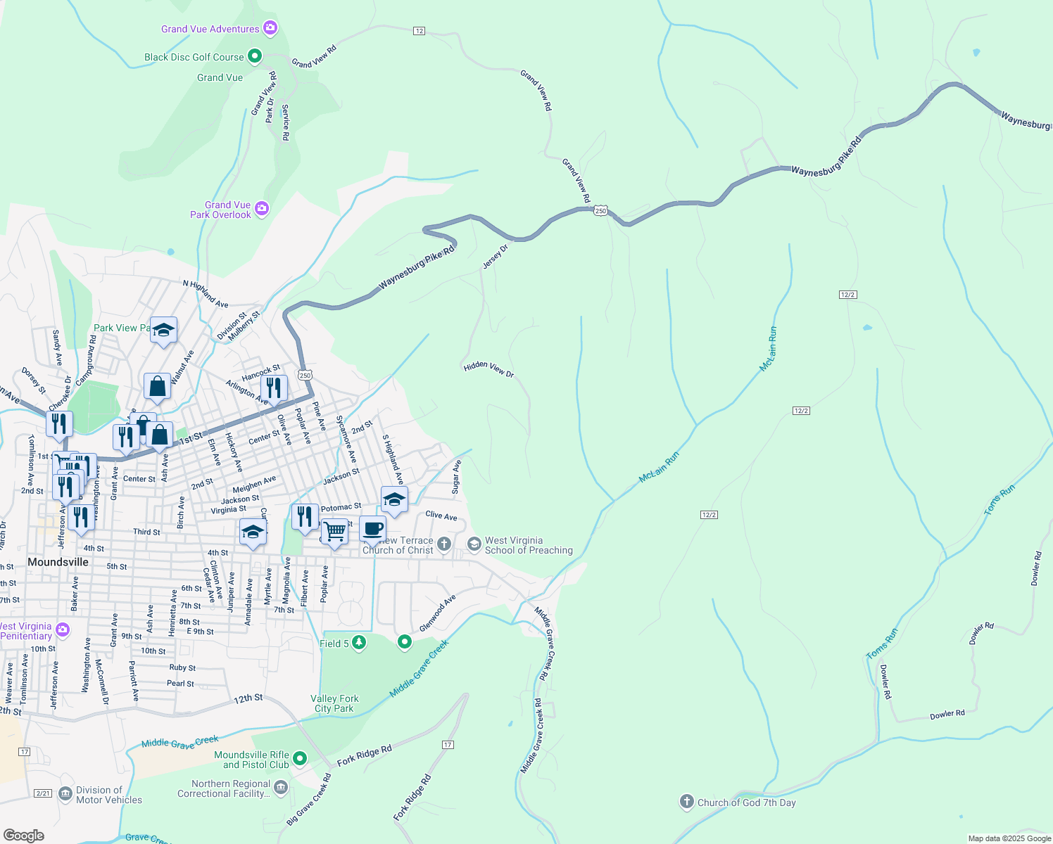 map of restaurants, bars, coffee shops, grocery stores, and more near 31 Hidden View Drive in Moundsville