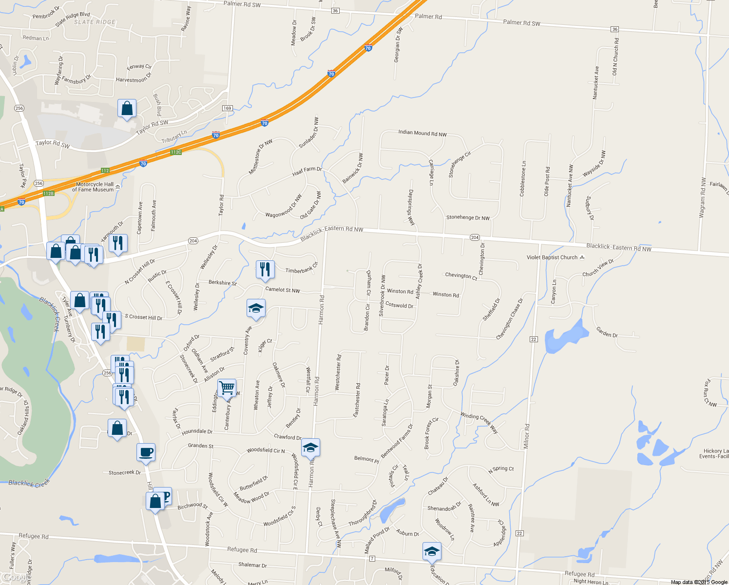 map of restaurants, bars, coffee shops, grocery stores, and more near 13225 Durham Circle in Pickerington