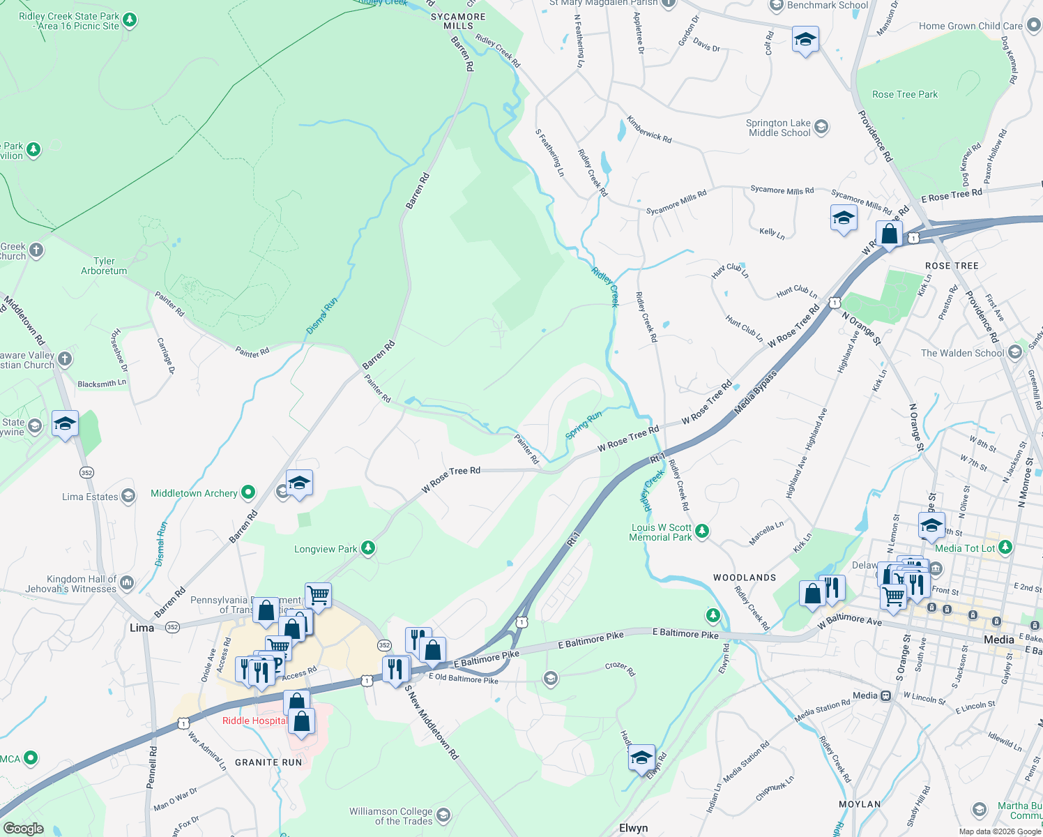 map of restaurants, bars, coffee shops, grocery stores, and more near 663 North Heilbron Drive in Media