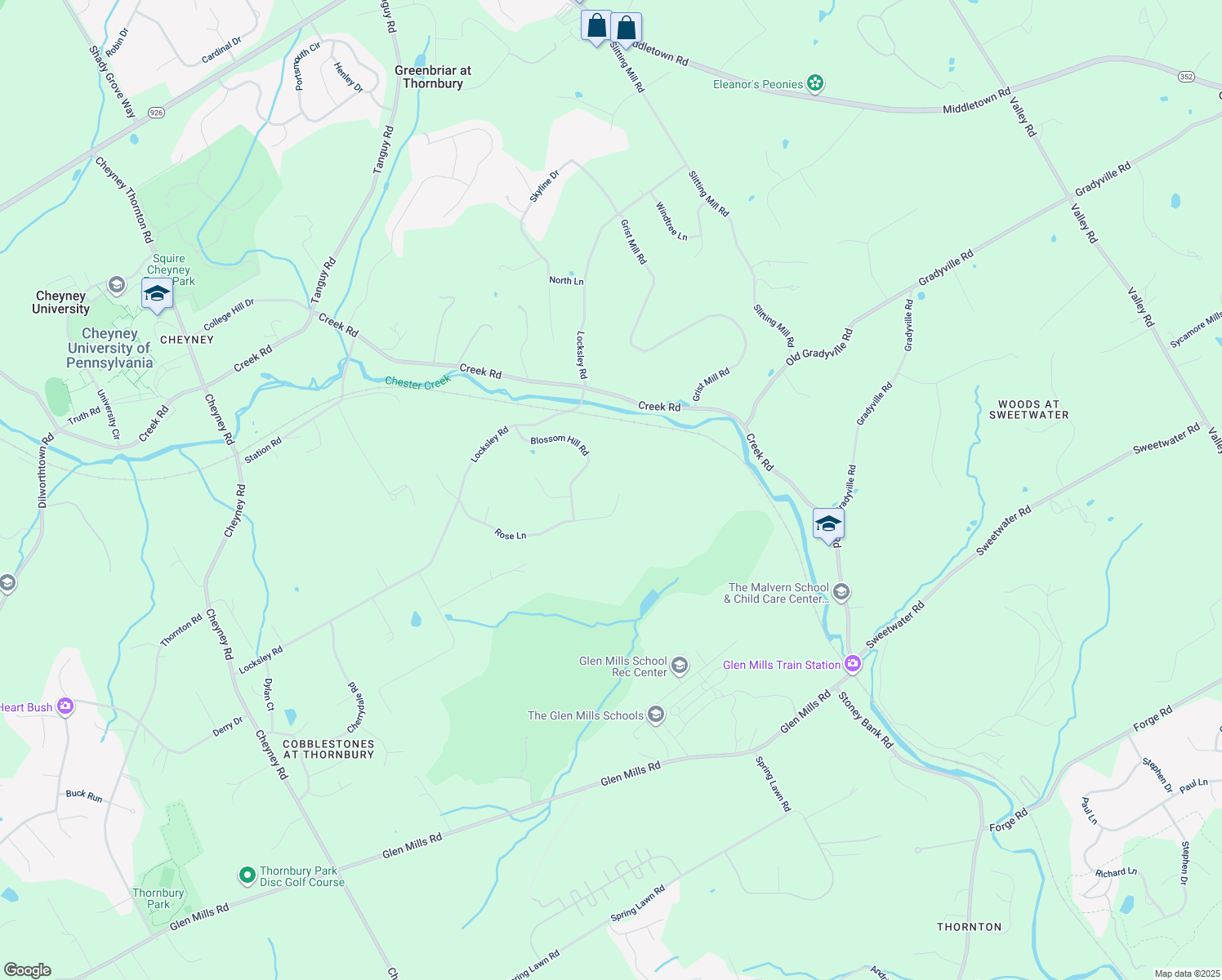 map of restaurants, bars, coffee shops, grocery stores, and more near 53 Rose Lane in Delaware County
