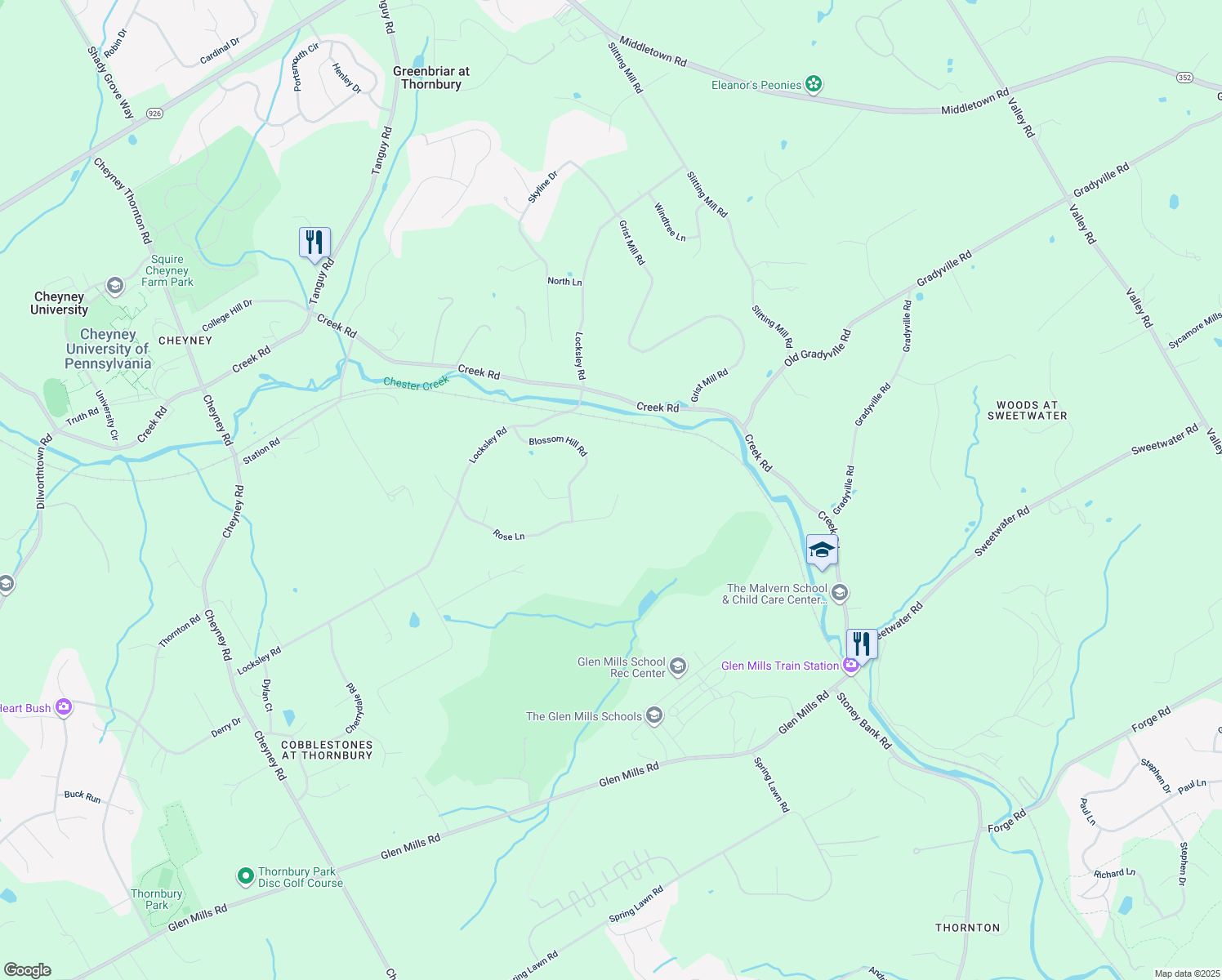 map of restaurants, bars, coffee shops, grocery stores, and more near 53 Rose Lane in Delaware County