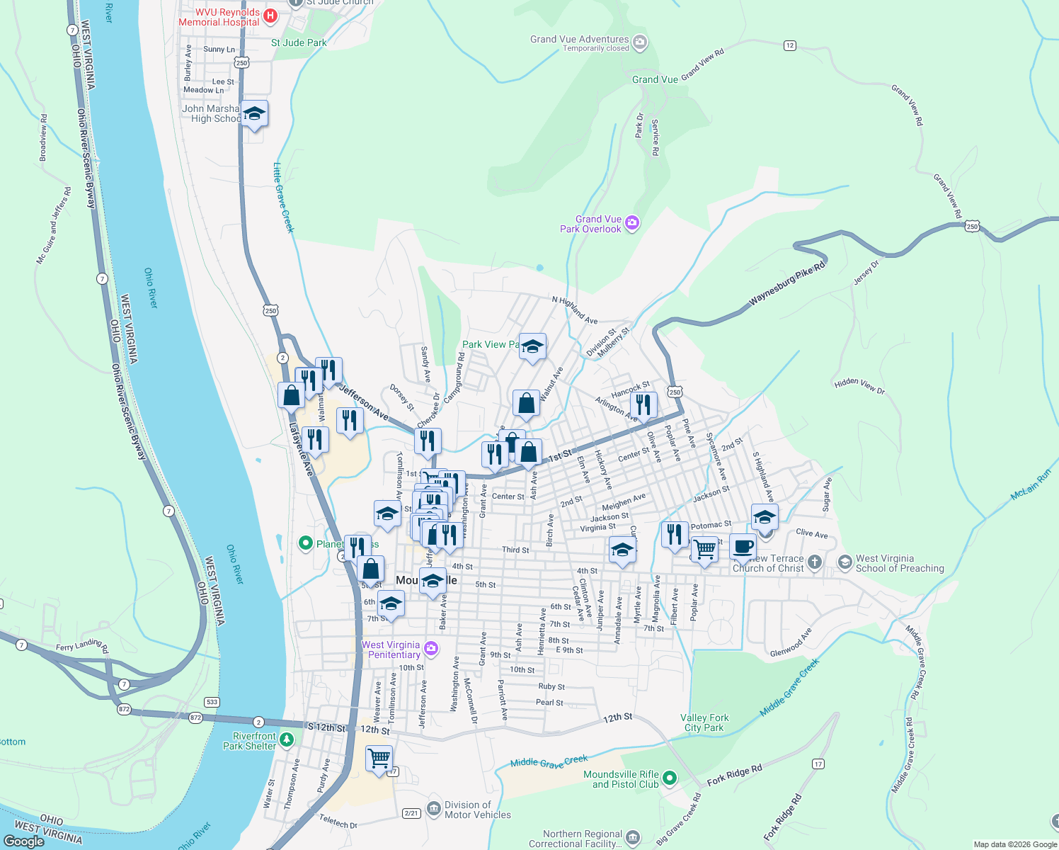 map of restaurants, bars, coffee shops, grocery stores, and more near 9 Ash Avenue in Moundsville