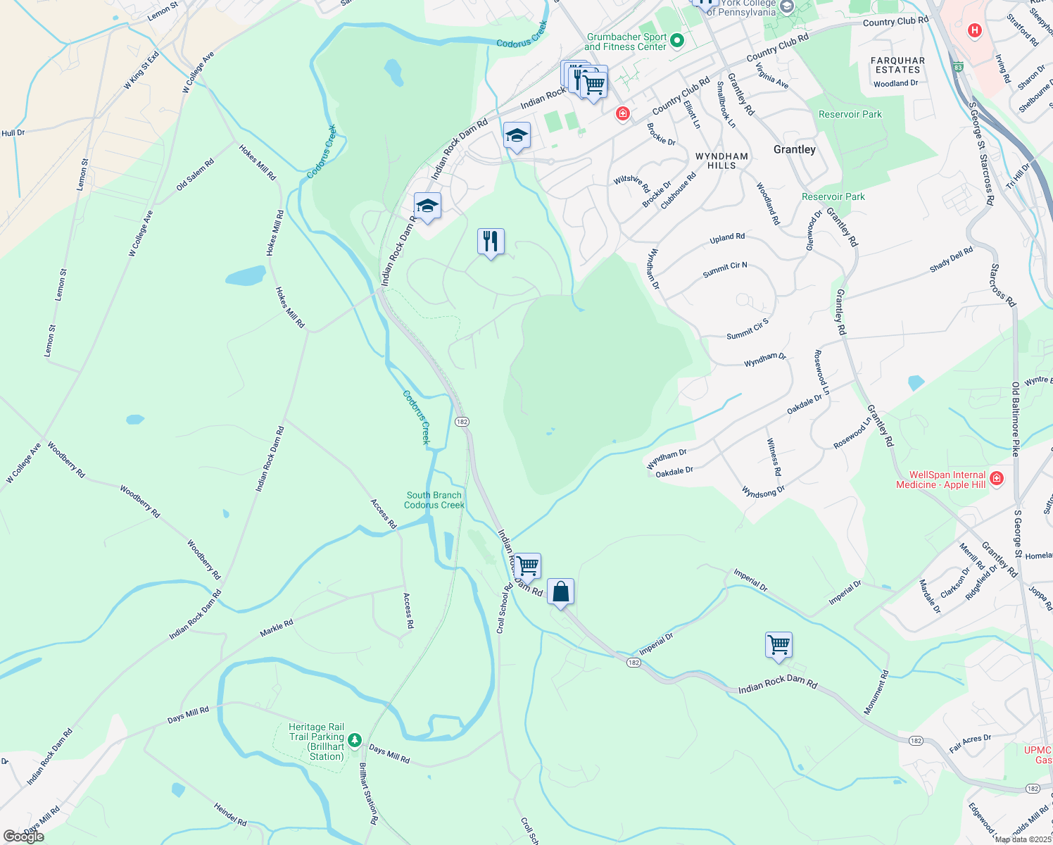 map of restaurants, bars, coffee shops, grocery stores, and more near 1400 Country Club Road in York
