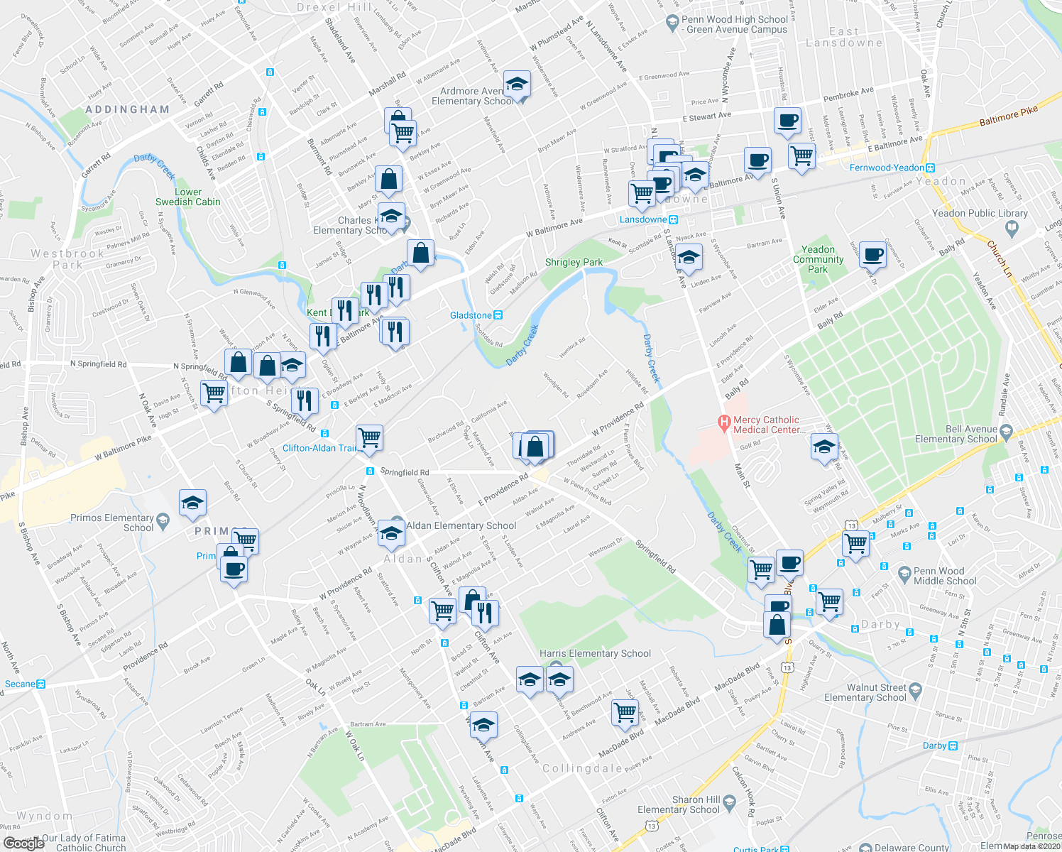 map of restaurants, bars, coffee shops, grocery stores, and more near 521 Maine Avenue in Aldan