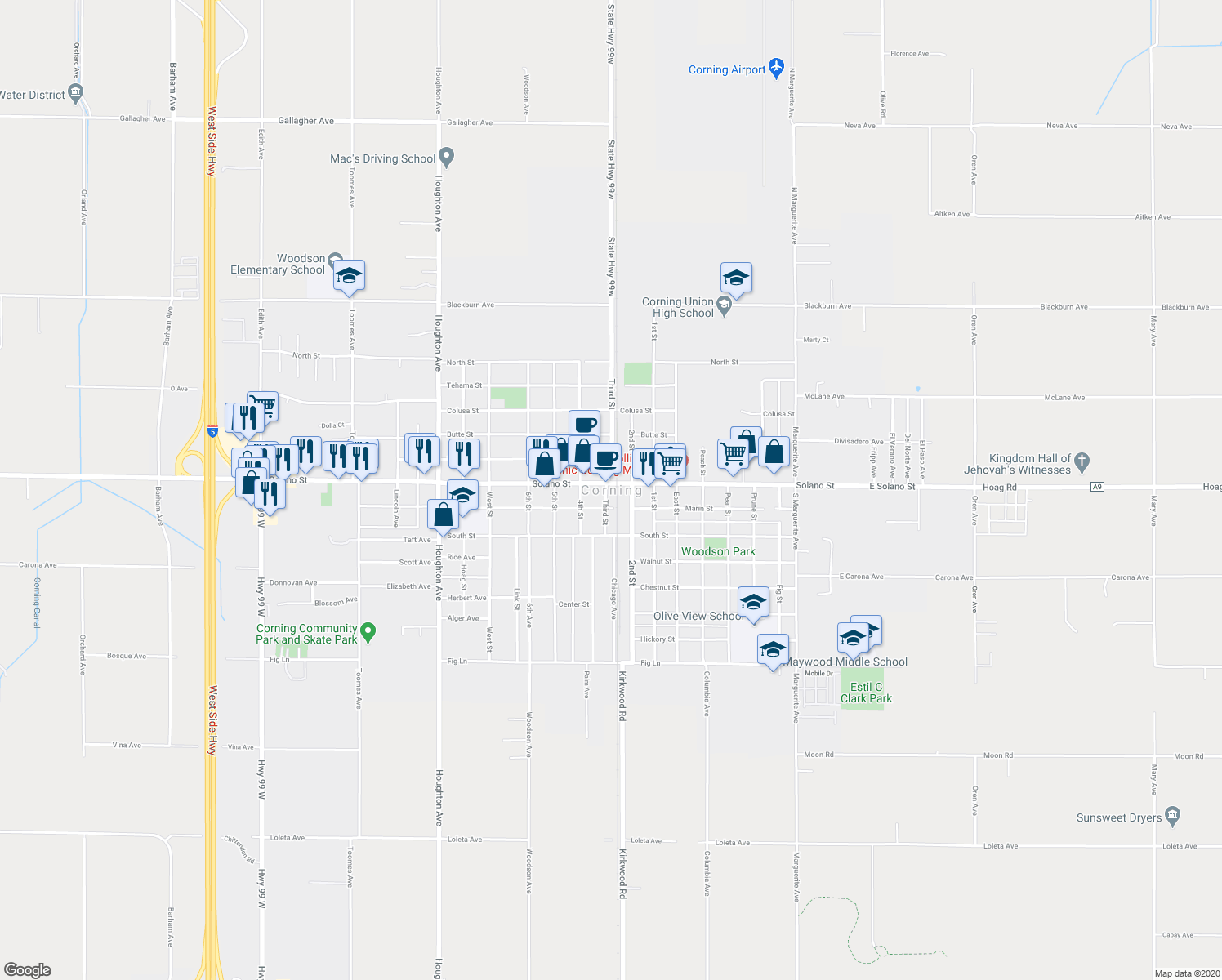 map of restaurants, bars, coffee shops, grocery stores, and more near North Marguerite Avenue in Corning