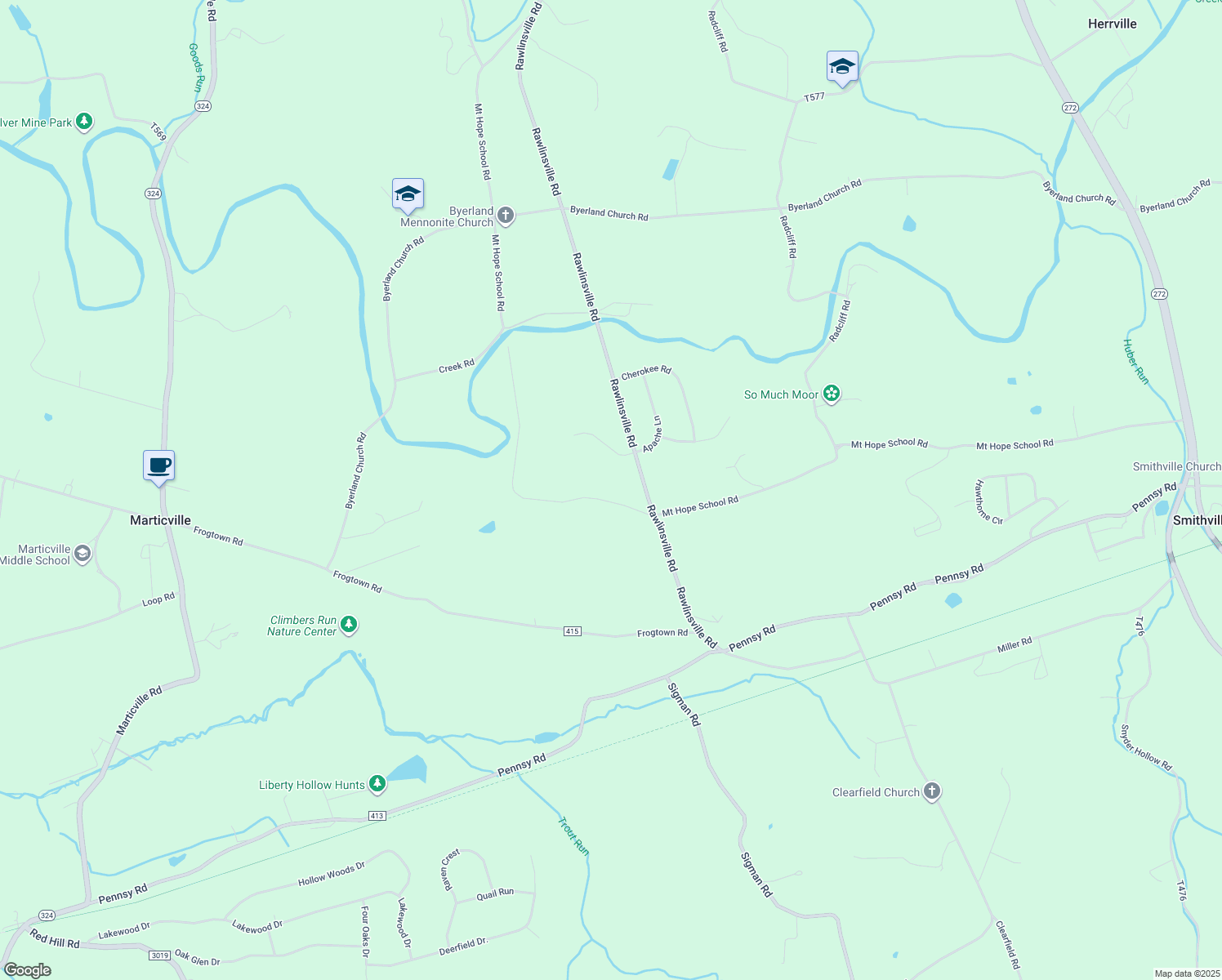 map of restaurants, bars, coffee shops, grocery stores, and more near 310 Mount Hope School Road in Willow Street
