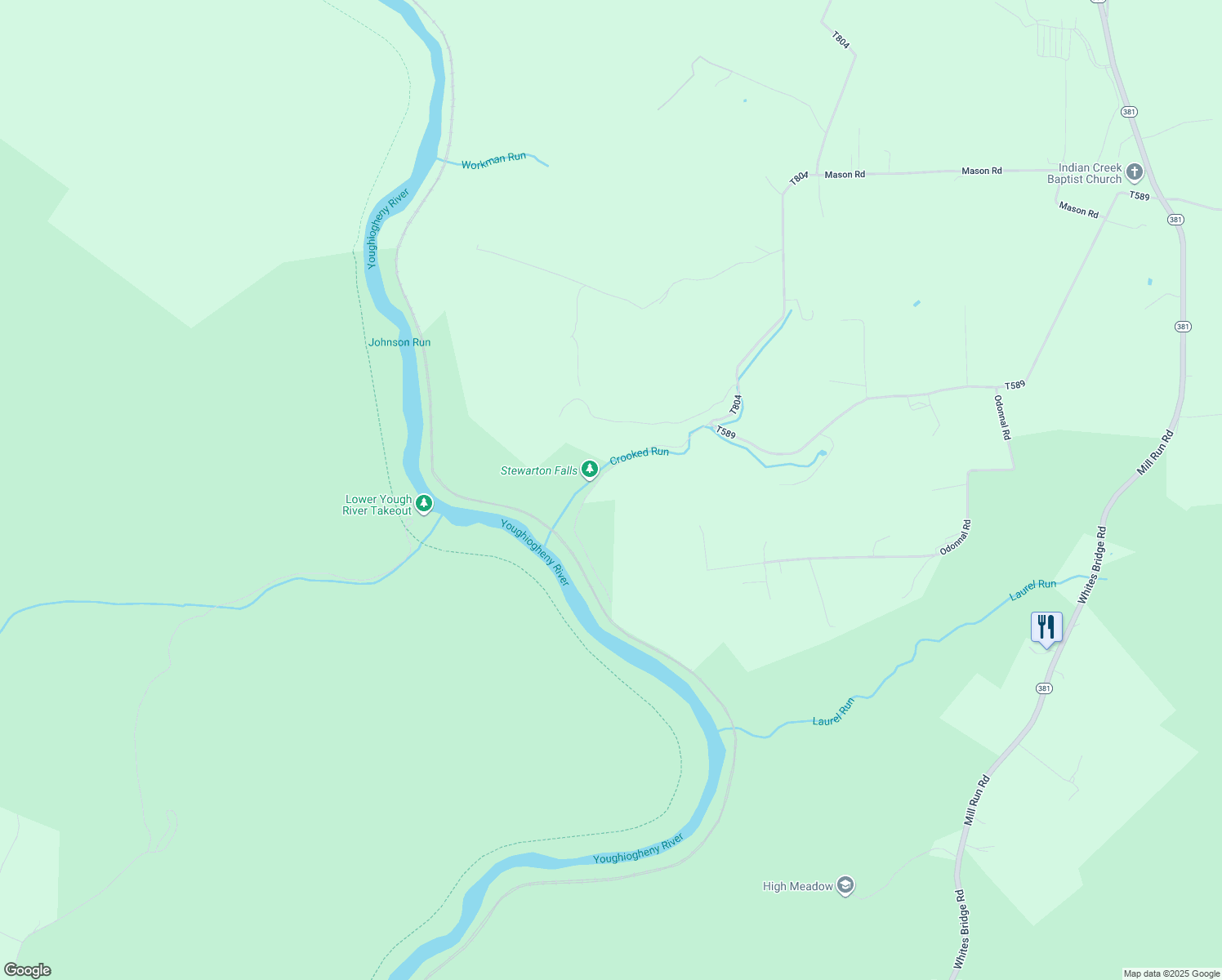 map of restaurants, bars, coffee shops, grocery stores, and more near 589 Stewarton Road in Mill Run