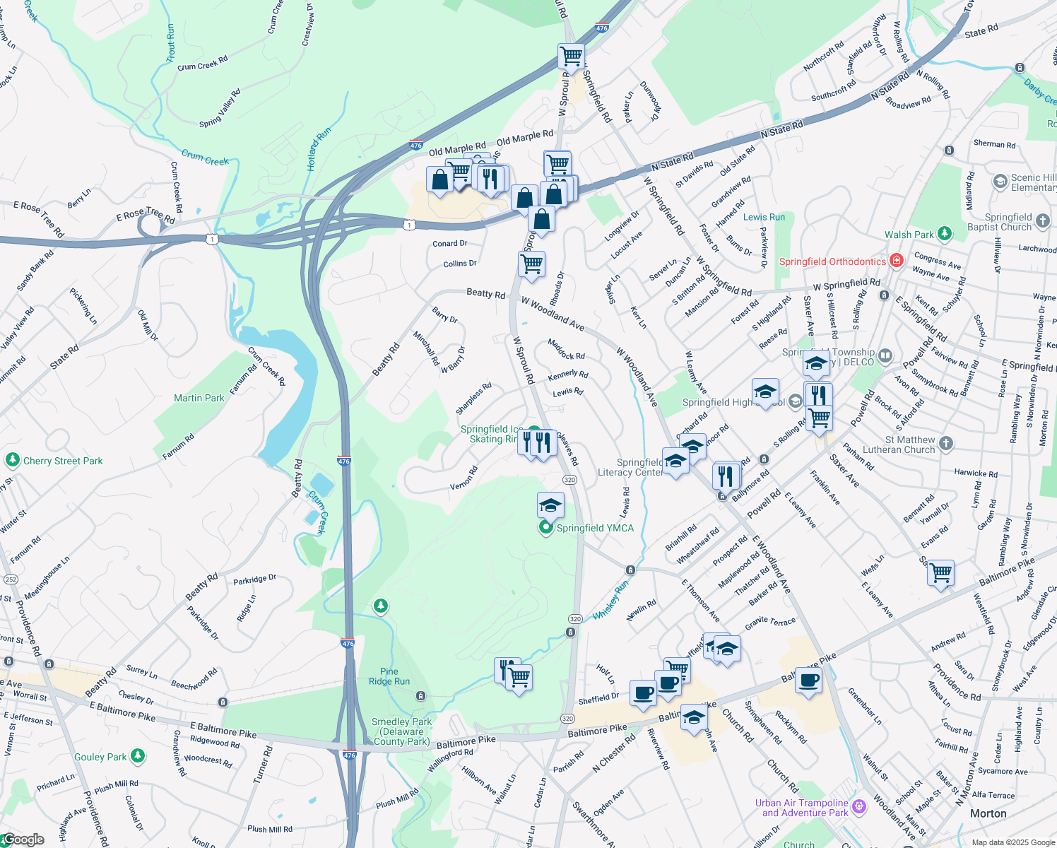 map of restaurants, bars, coffee shops, grocery stores, and more near 504 Vernon Road in Springfield