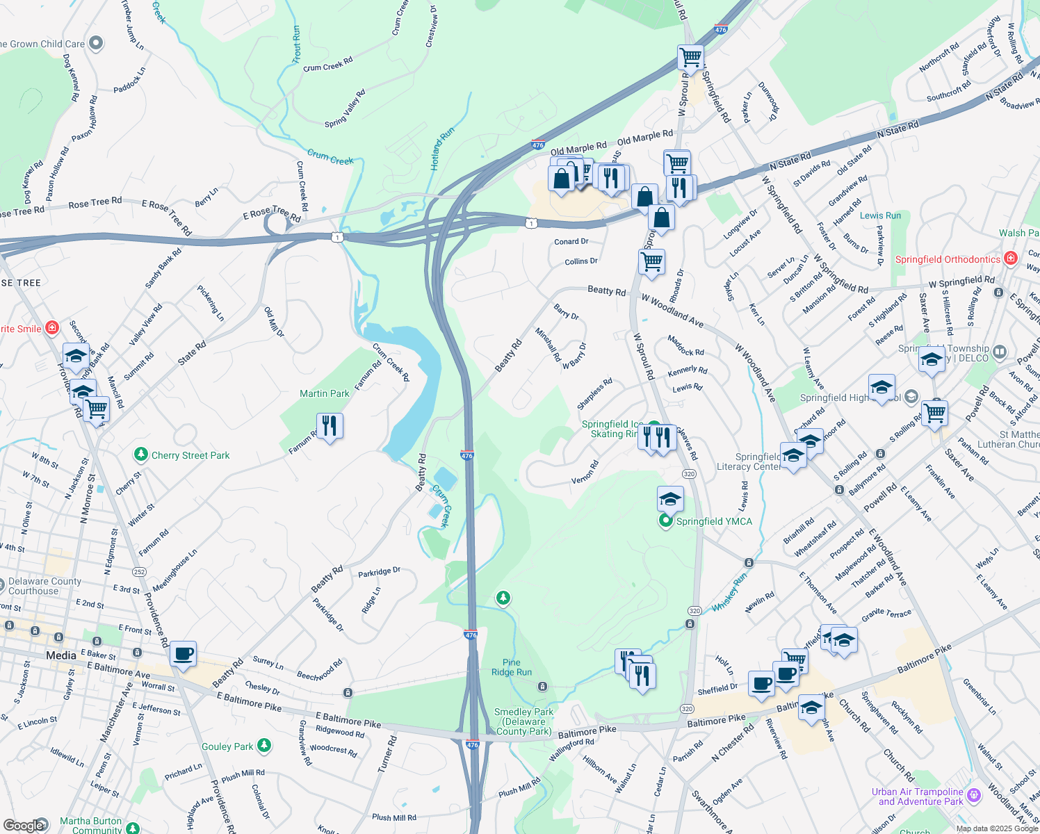 map of restaurants, bars, coffee shops, grocery stores, and more near 676 Old School House Drive in Springfield