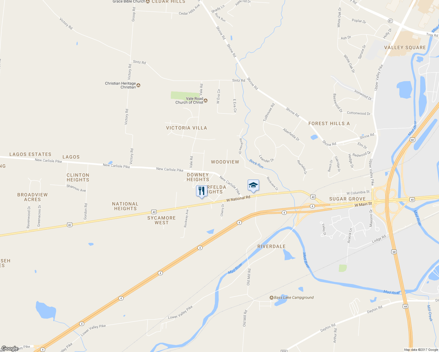 map of restaurants, bars, coffee shops, grocery stores, and more near 3799 New Carlisle Pike in Springfield