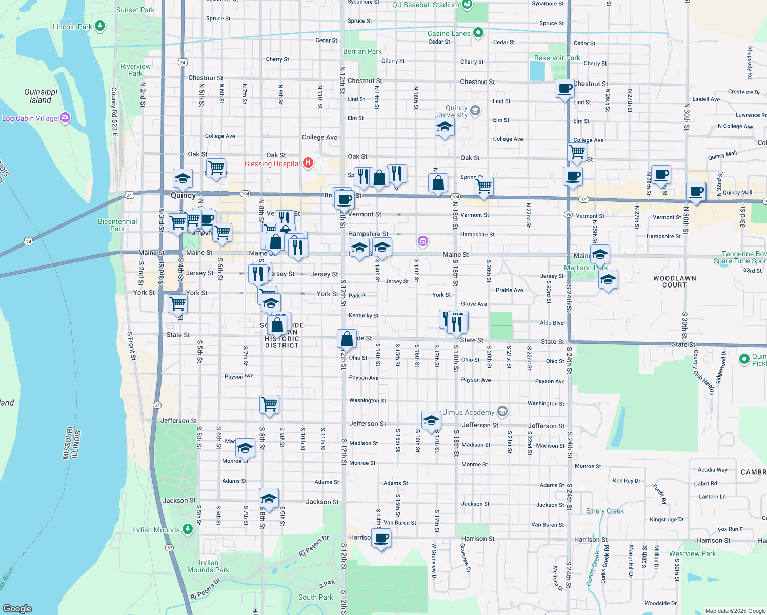 map of restaurants, bars, coffee shops, grocery stores, and more near 325 S 14th St in Quincy