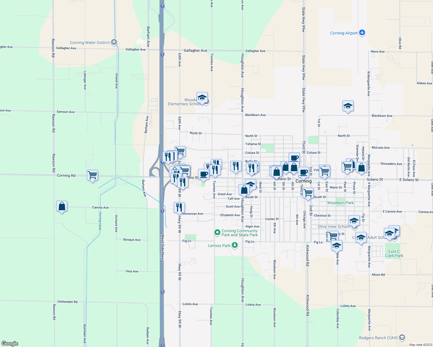 map of restaurants, bars, coffee shops, grocery stores, and more near 1936 Solano St in Corning