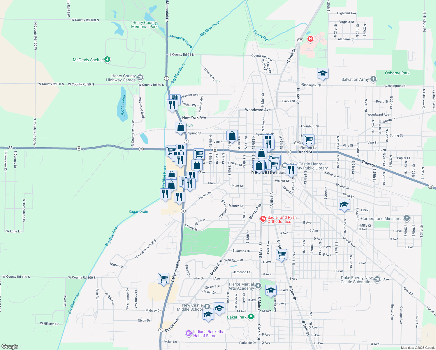 map of restaurants, bars, coffee shops, grocery stores, and more near 304 S 7th St in New Castle