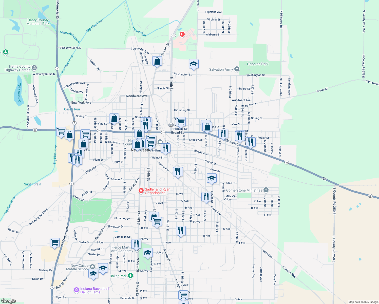 map of restaurants, bars, coffee shops, grocery stores, and more near 1817 Indiana Ave in New Castle