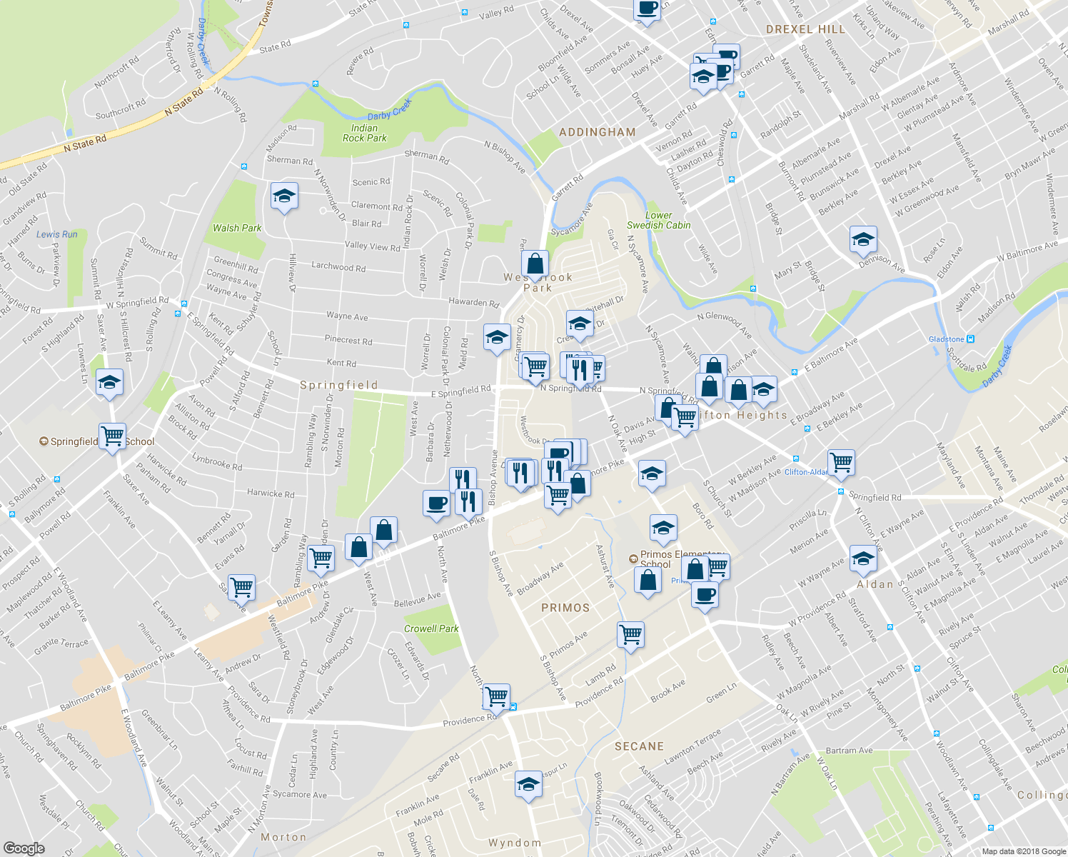 map of restaurants, bars, coffee shops, grocery stores, and more near 5242 Fairhaven Road in Clifton Heights