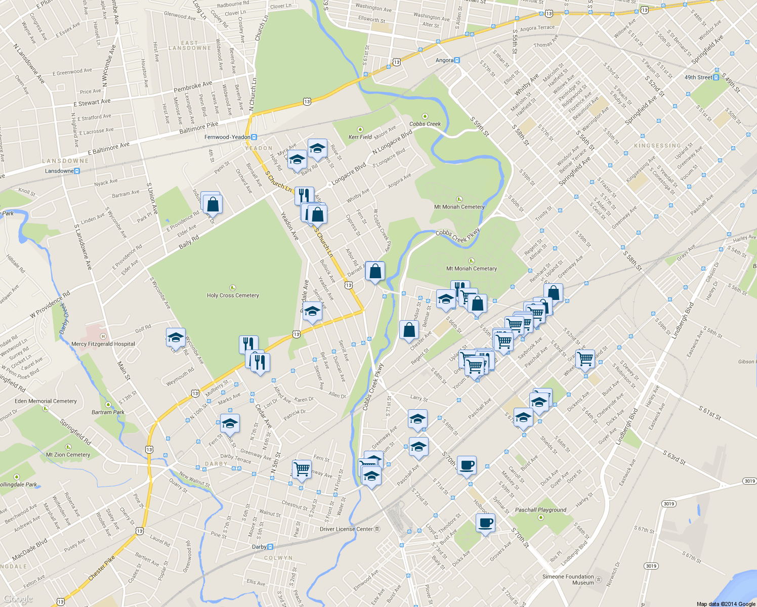 map of restaurants, bars, coffee shops, grocery stores, and more near 1006 West Cobbs Creek Parkway in Yeadon