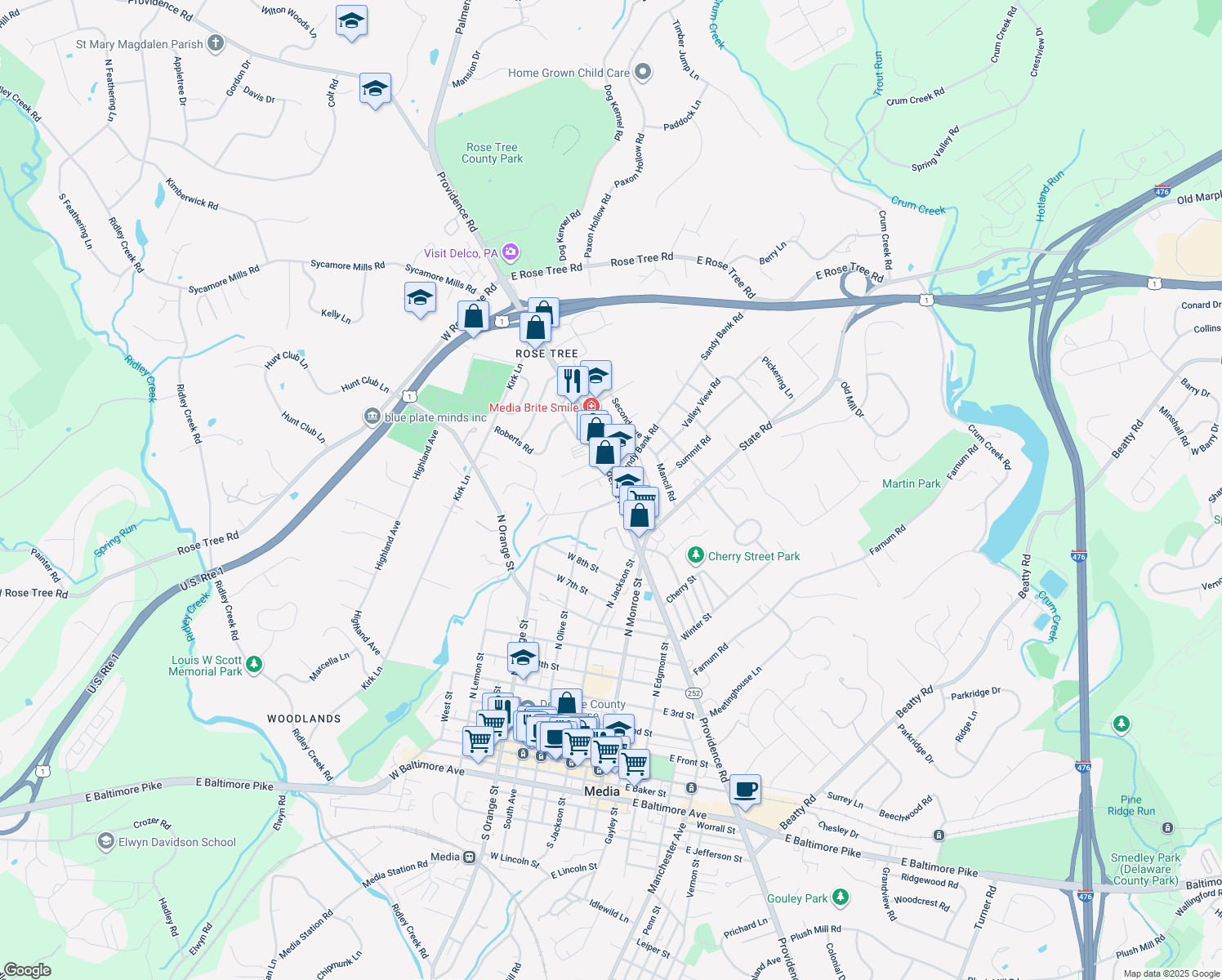 map of restaurants, bars, coffee shops, grocery stores, and more near 894 North Providence Road in Media
