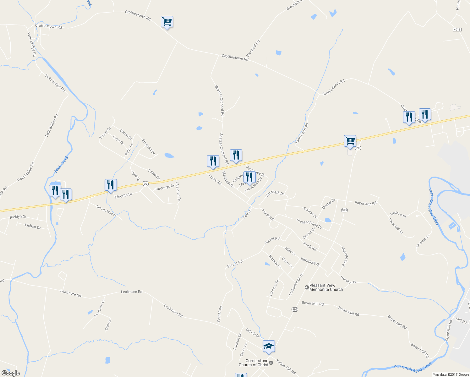 map of restaurants, bars, coffee shops, grocery stores, and more near 61 Maribeth Drive in Chambersburg