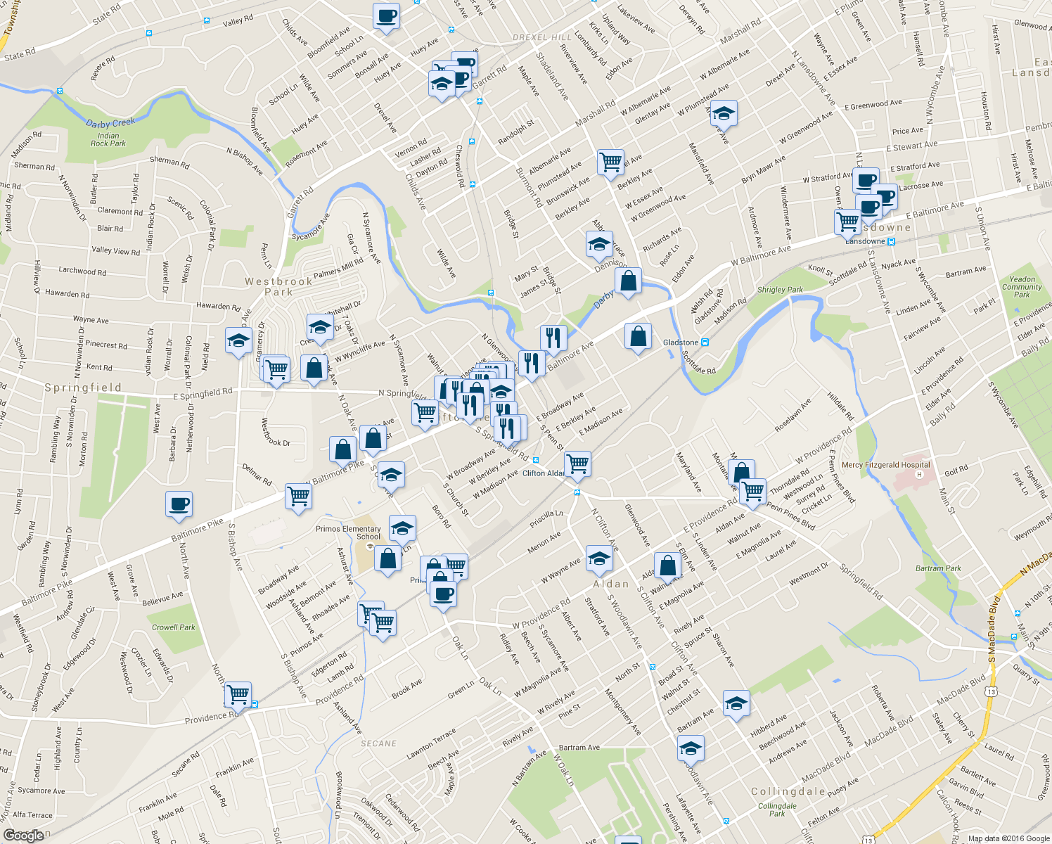 map of restaurants, bars, coffee shops, grocery stores, and more near 65 East Broadway Avenue in Clifton Heights