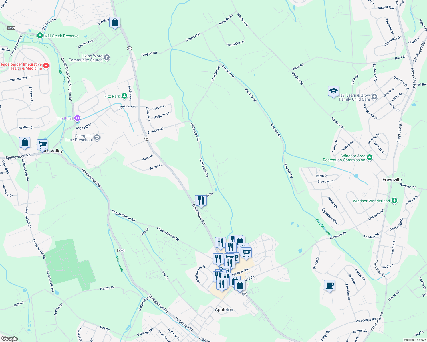 map of restaurants, bars, coffee shops, grocery stores, and more near 150 Hillstream Road in Red Lion