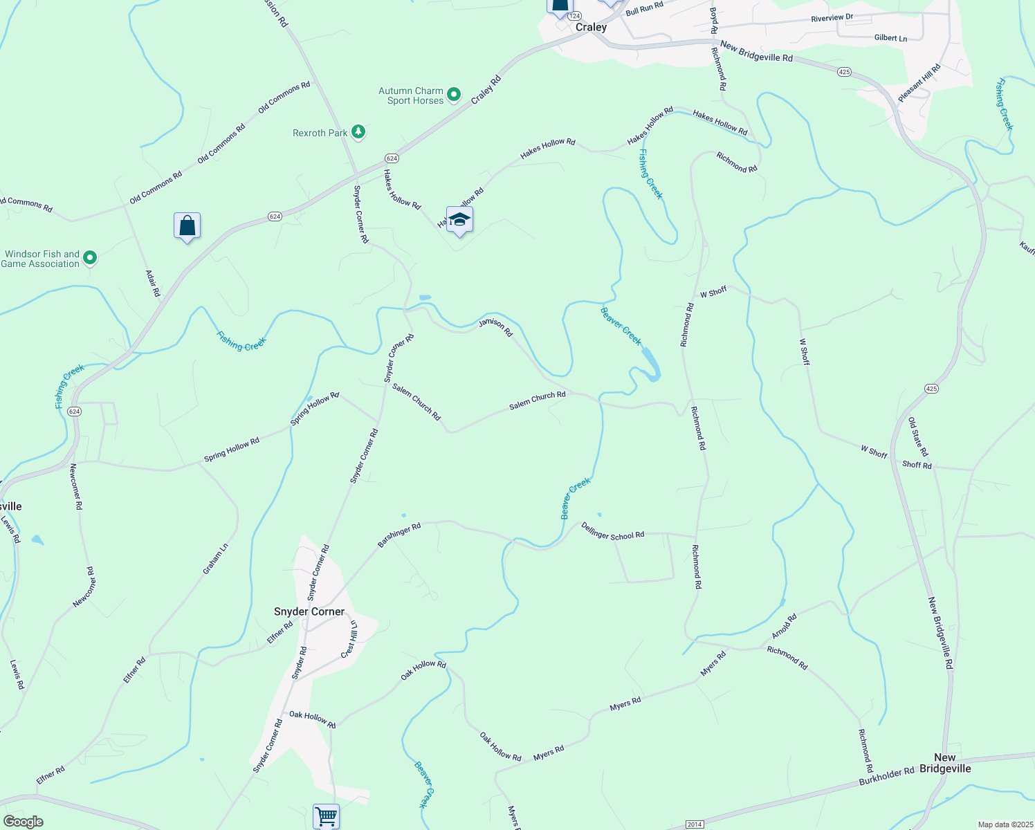 map of restaurants, bars, coffee shops, grocery stores, and more near 576 Salem Church Road in Windsor
