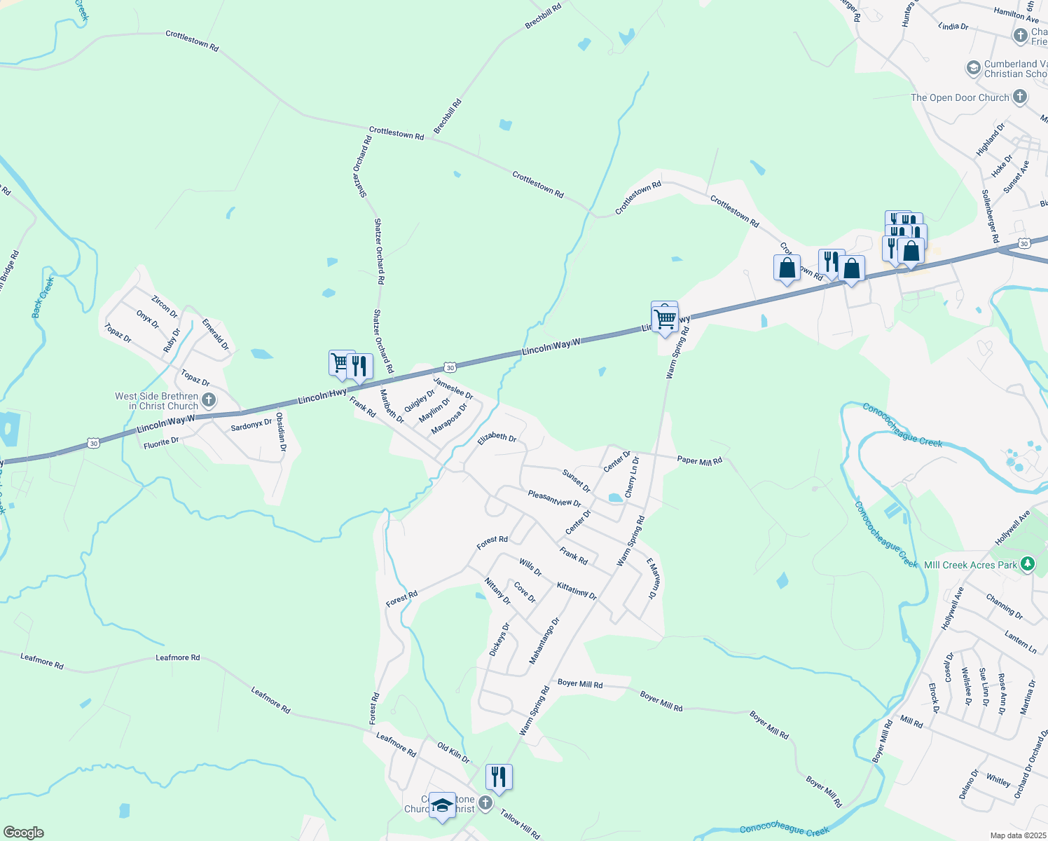 map of restaurants, bars, coffee shops, grocery stores, and more near 212 Theodore Drive in Chambersburg