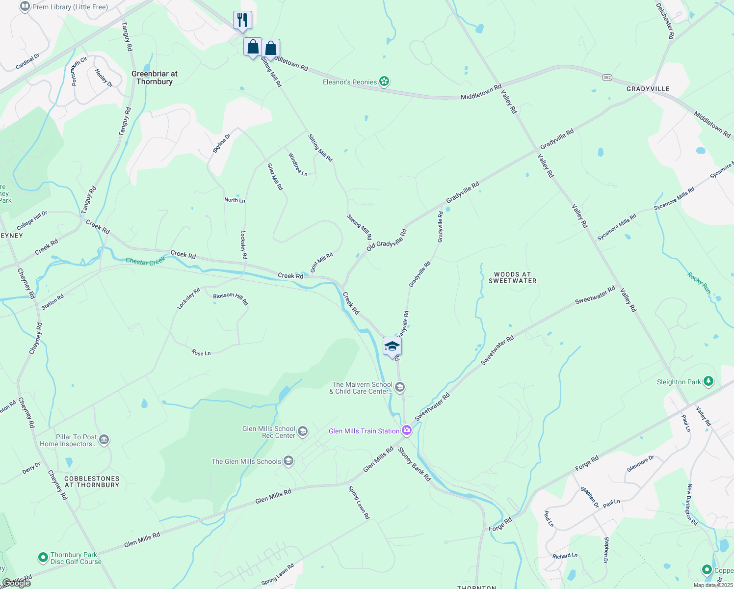 map of restaurants, bars, coffee shops, grocery stores, and more near 67 Creek Road in Glen Mills