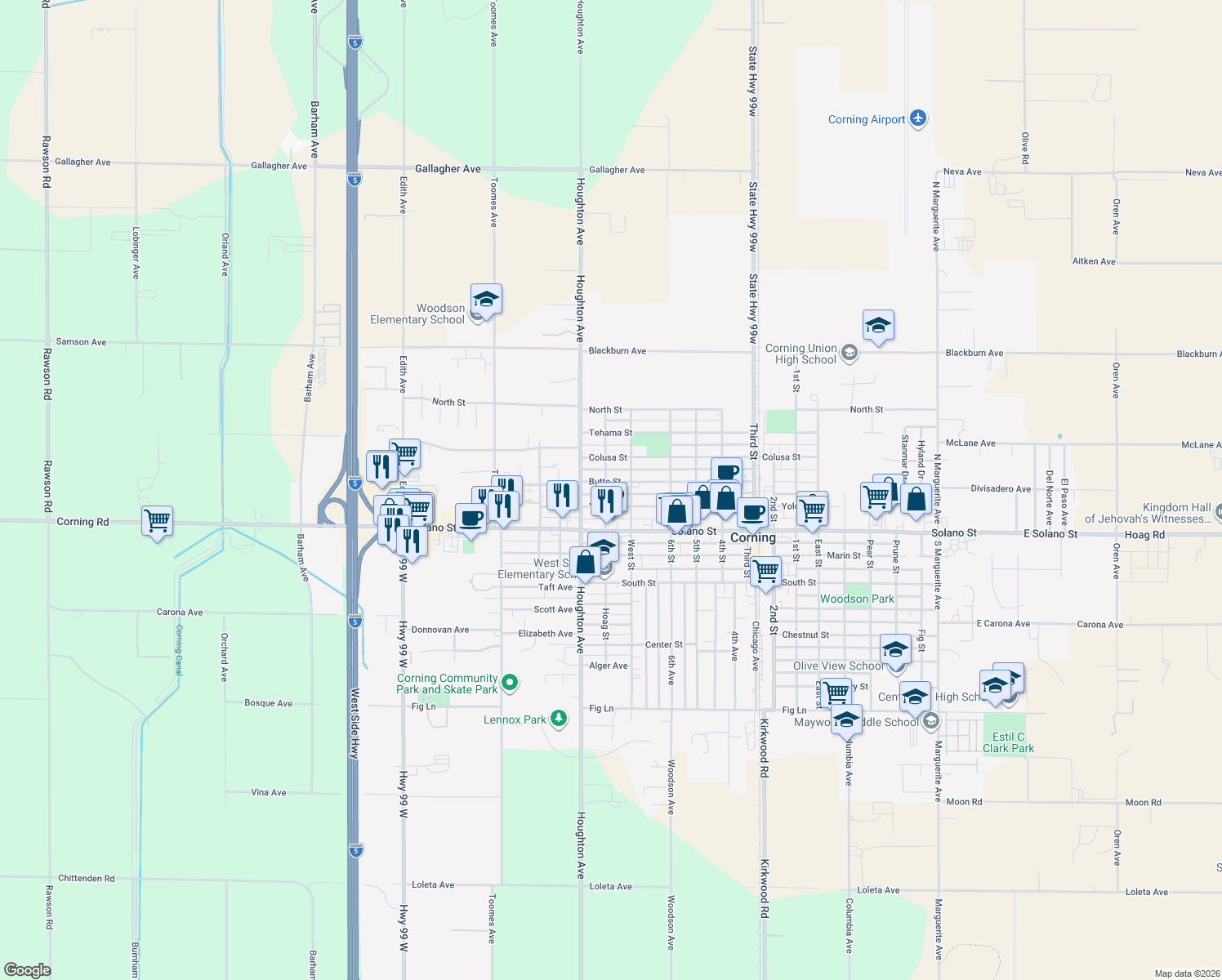 map of restaurants, bars, coffee shops, grocery stores, and more near 611 Hoag St in Corning