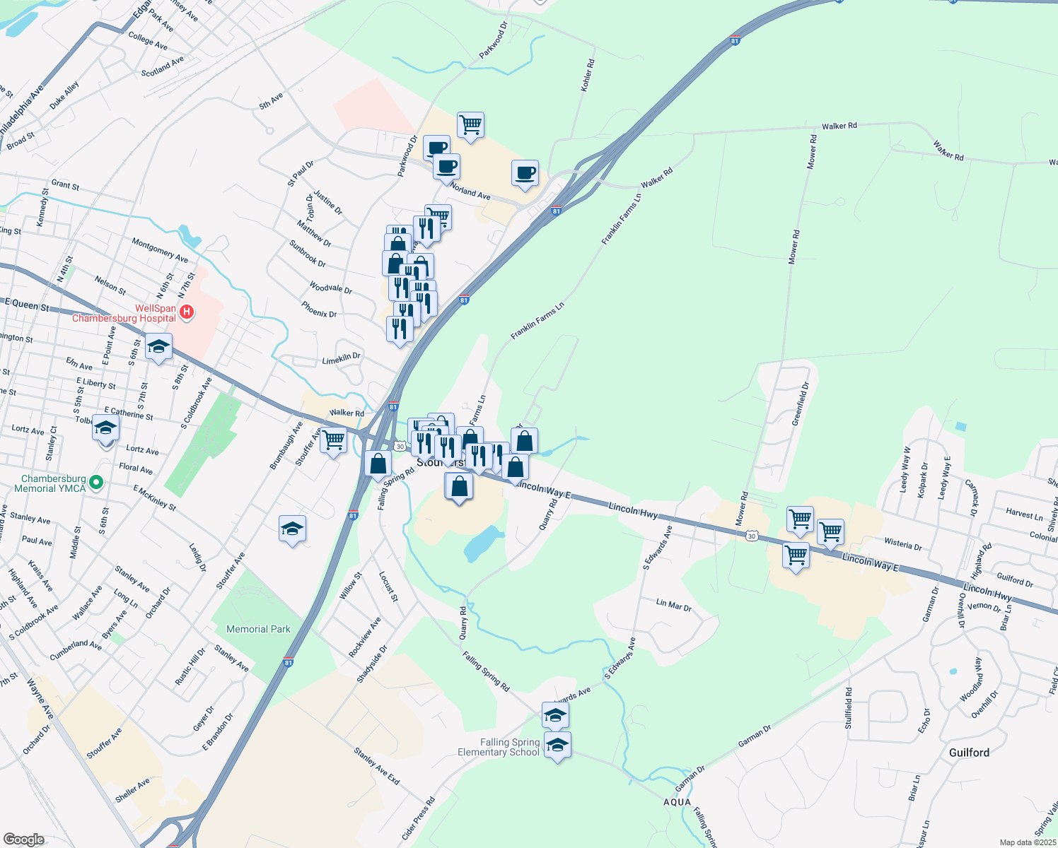 map of restaurants, bars, coffee shops, grocery stores, and more near 1017 Willowbrook Court in Chambersburg