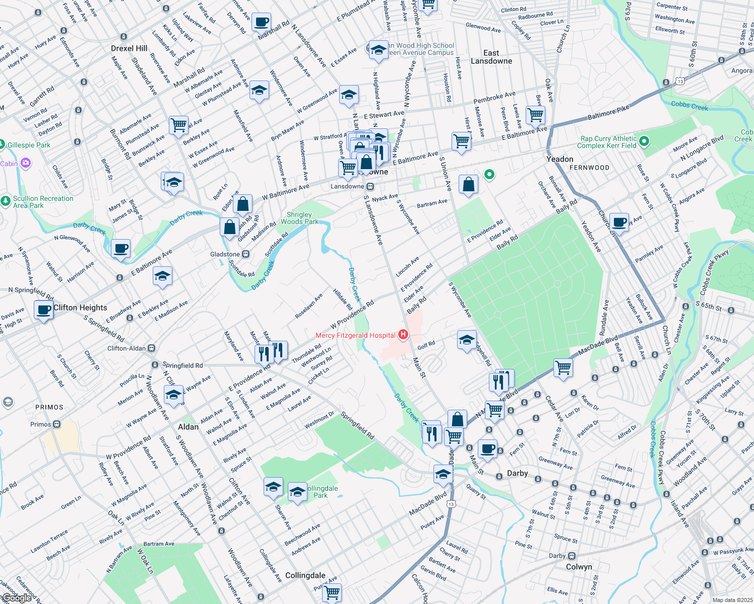 map of restaurants, bars, coffee shops, grocery stores, and more near 16 West Providence Road in Yeadon