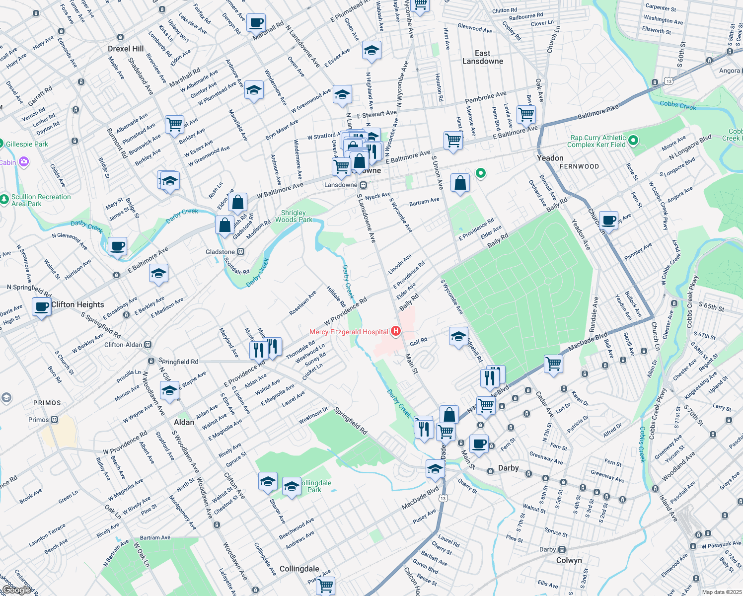 map of restaurants, bars, coffee shops, grocery stores, and more near 14 West Providence Road in Yeadon