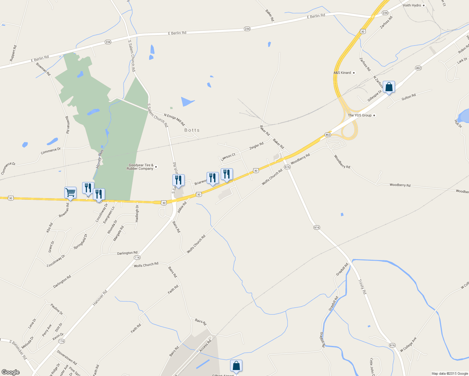 map of restaurants, bars, coffee shops, grocery stores, and more near 50 South Alwine Avenue in York