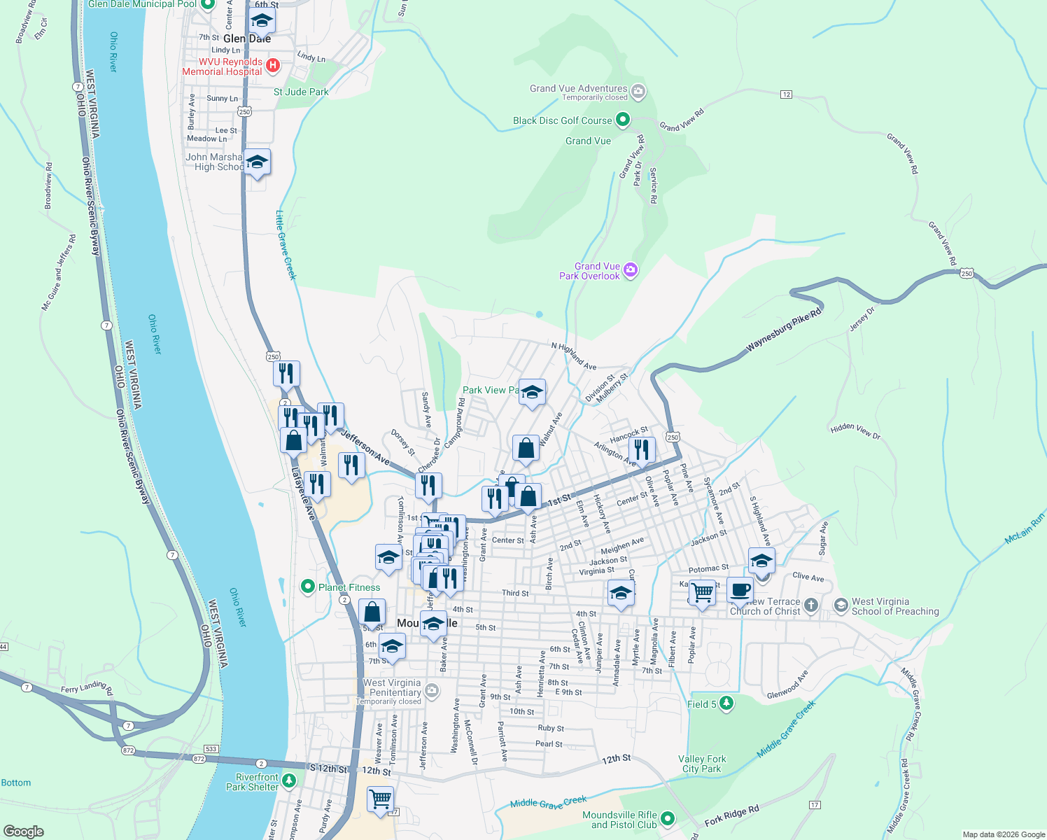 map of restaurants, bars, coffee shops, grocery stores, and more near 30 Linden Ave in Moundsville