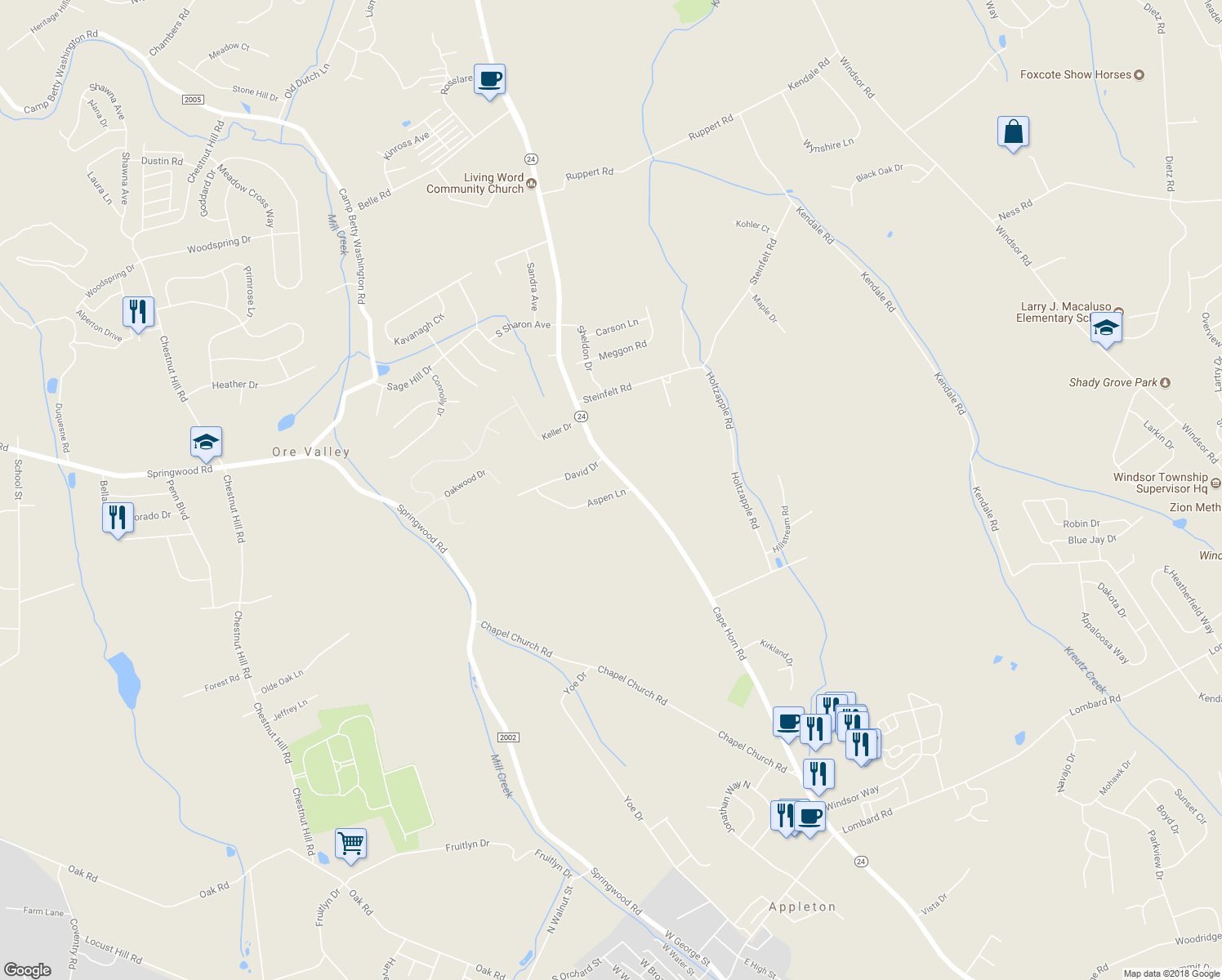 map of restaurants, bars, coffee shops, grocery stores, and more near 933 Aspen Lane in Red Lion
