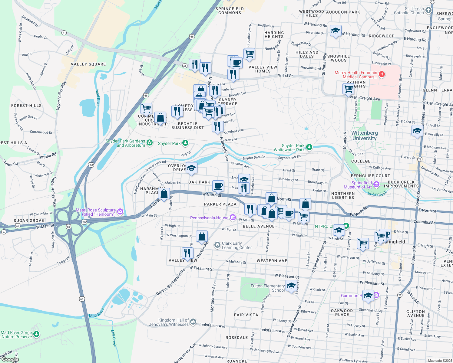 map of restaurants, bars, coffee shops, grocery stores, and more near 307 N Bechtle Ave in Springfield