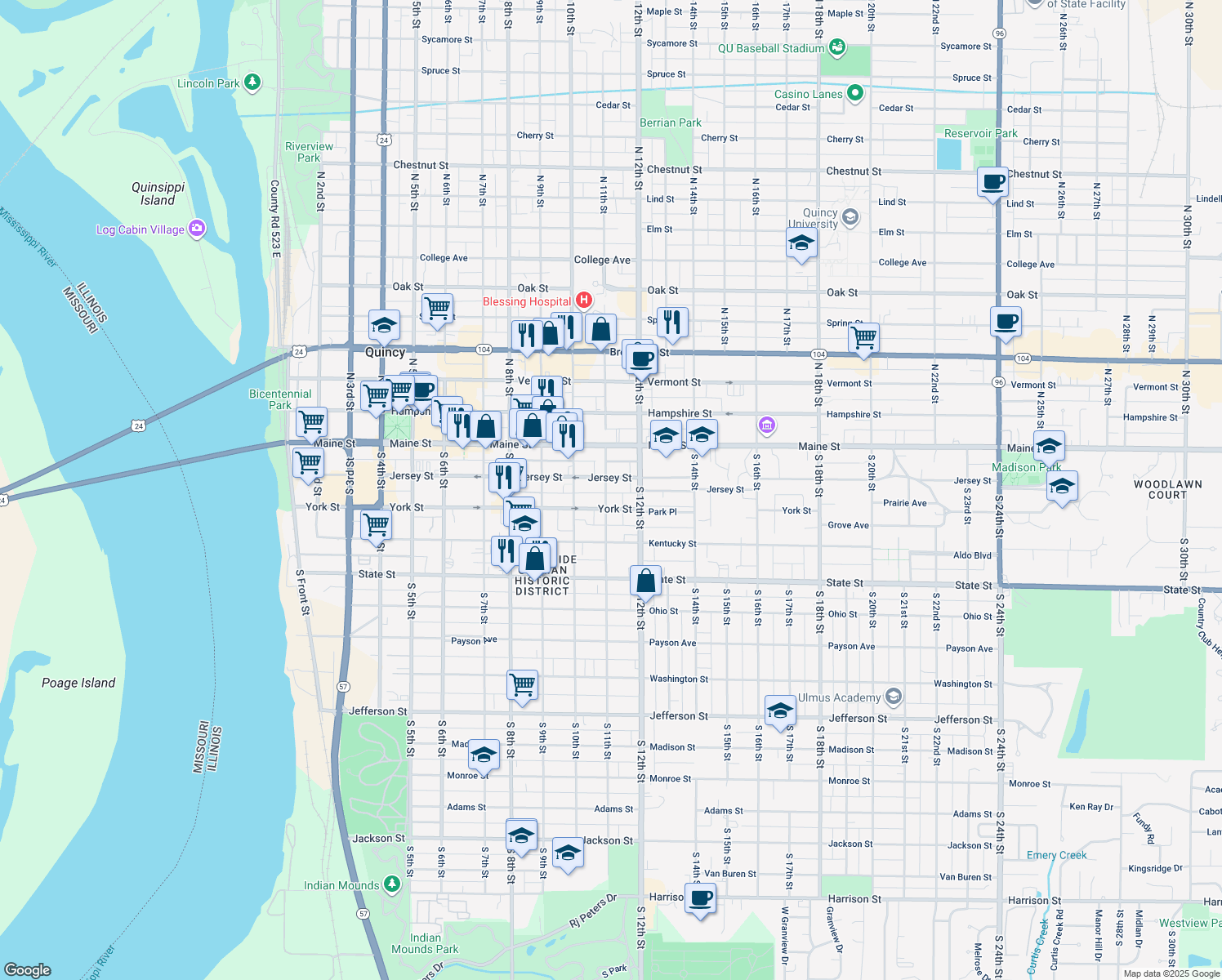 map of restaurants, bars, coffee shops, grocery stores, and more near 219 South 11th Street in Quincy