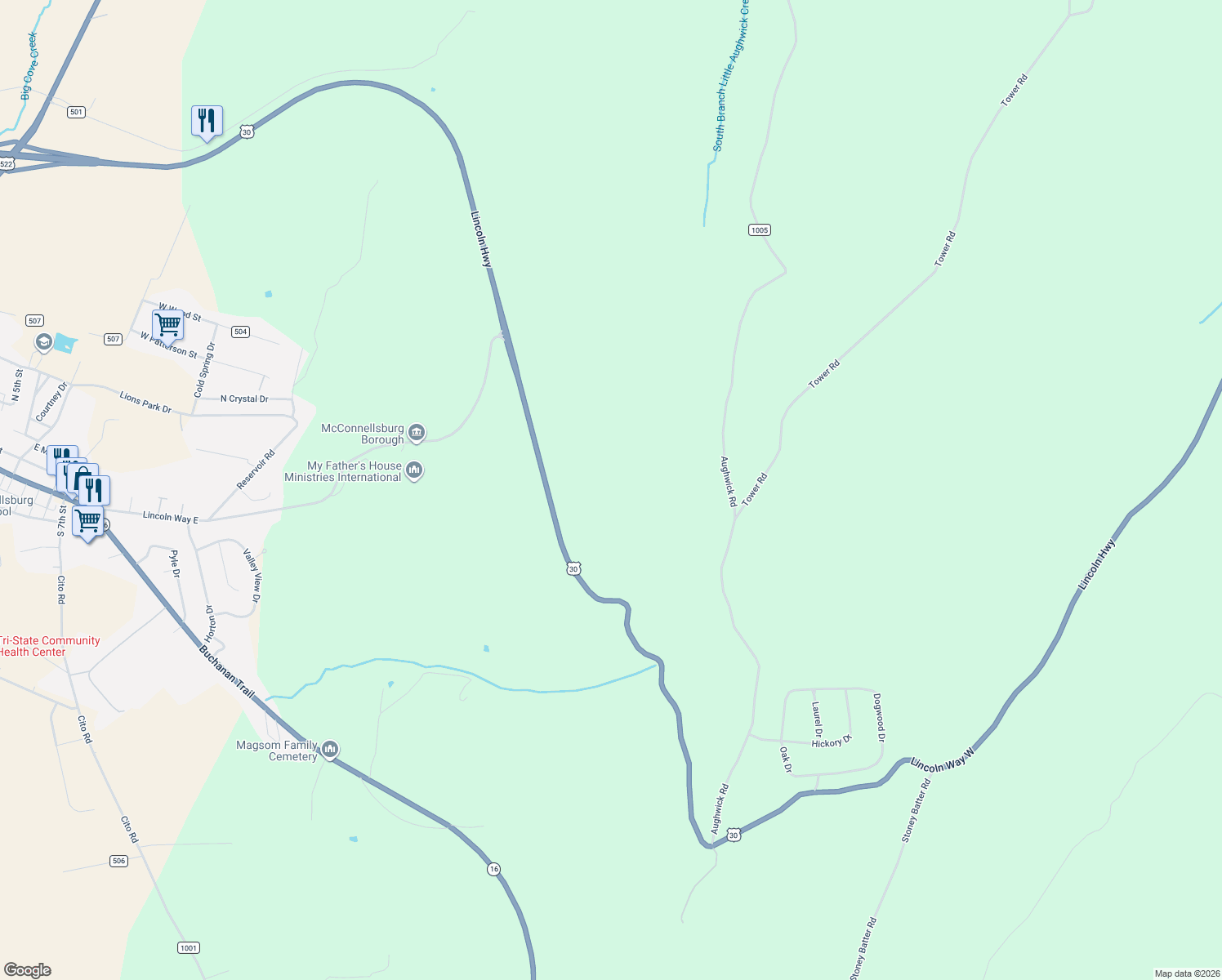 map of restaurants, bars, coffee shops, grocery stores, and more near Lincoln Highway in McConnellsburg