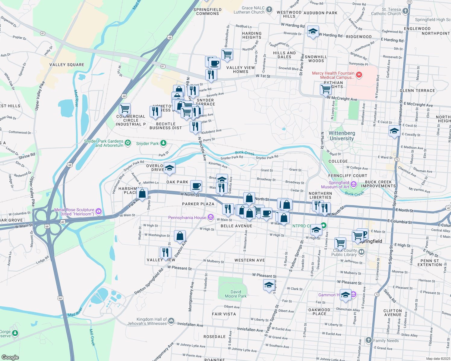 map of restaurants, bars, coffee shops, grocery stores, and more near 1213 Broadway Street in Springfield