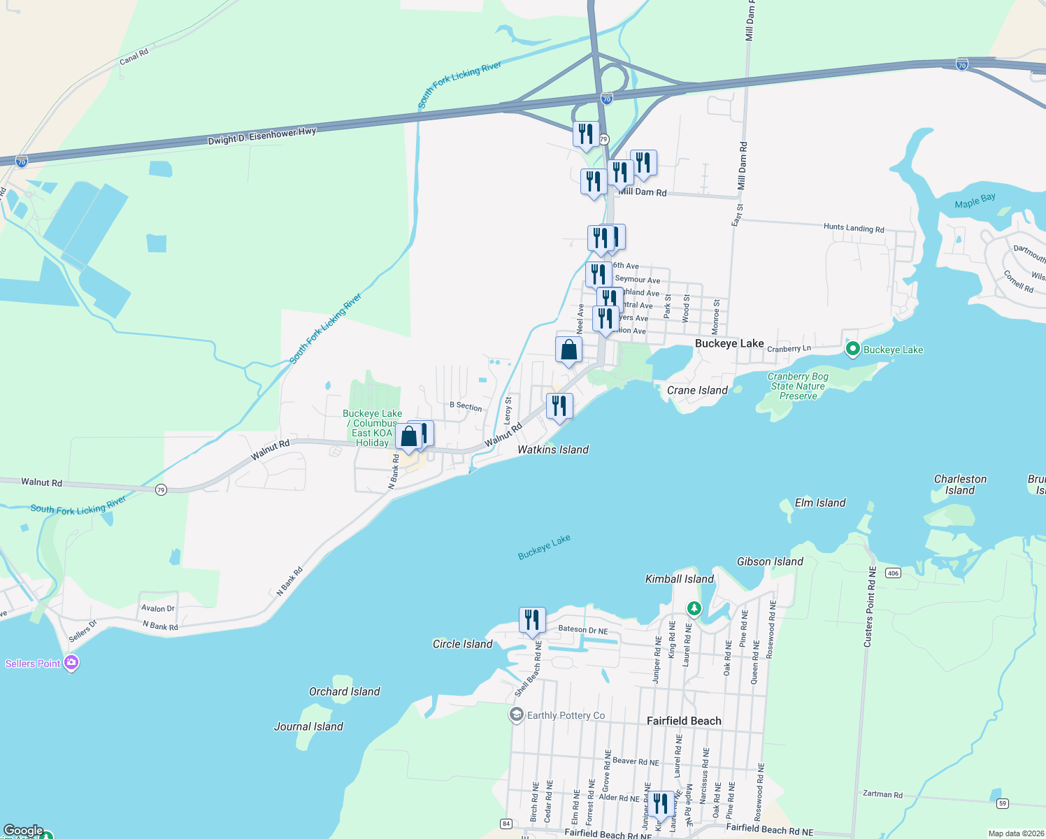 map of restaurants, bars, coffee shops, grocery stores, and more near 5000 Walnut Road in Buckeye Lake