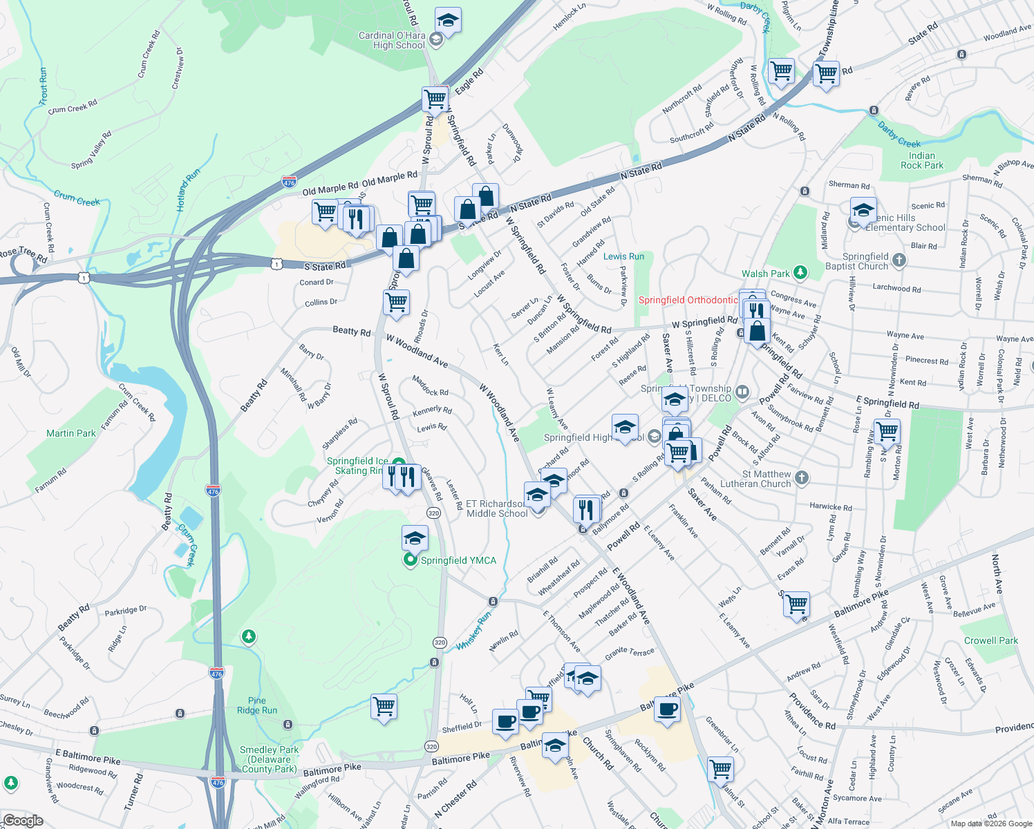 map of restaurants, bars, coffee shops, grocery stores, and more near 350 Spring Valley Road in Springfield