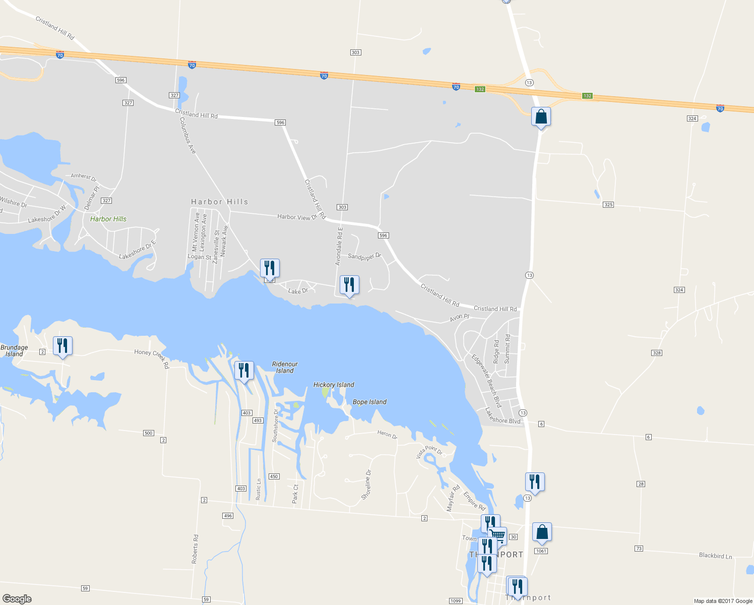 map of restaurants, bars, coffee shops, grocery stores, and more near 560 Avon Place in Thornville