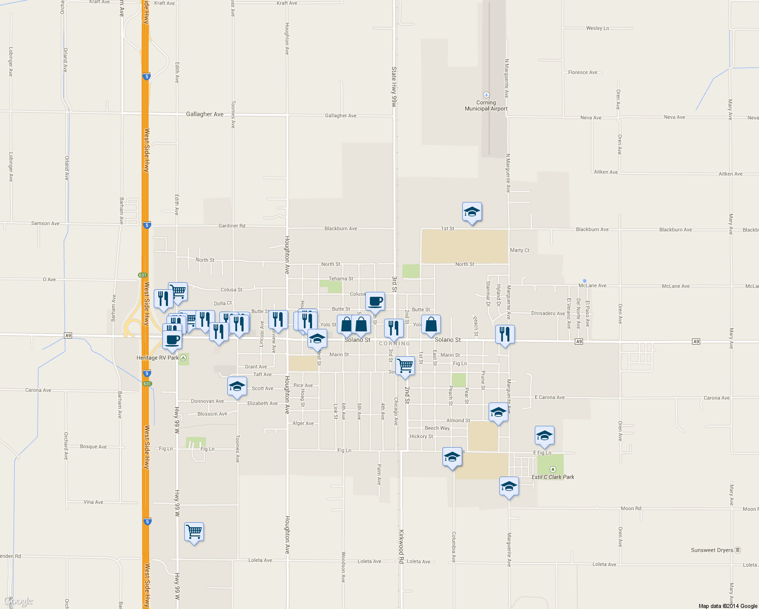 map of restaurants, bars, coffee shops, grocery stores, and more near 1122 Butte Street in Corning