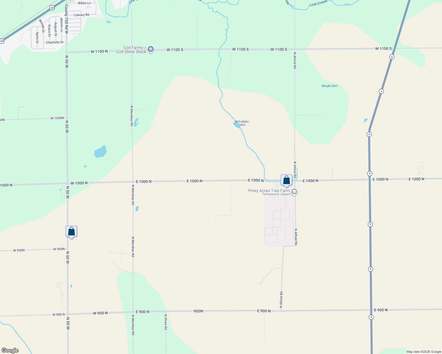 map of restaurants, bars, coffee shops, grocery stores, and more near 672 East 1000 North in Fortville
