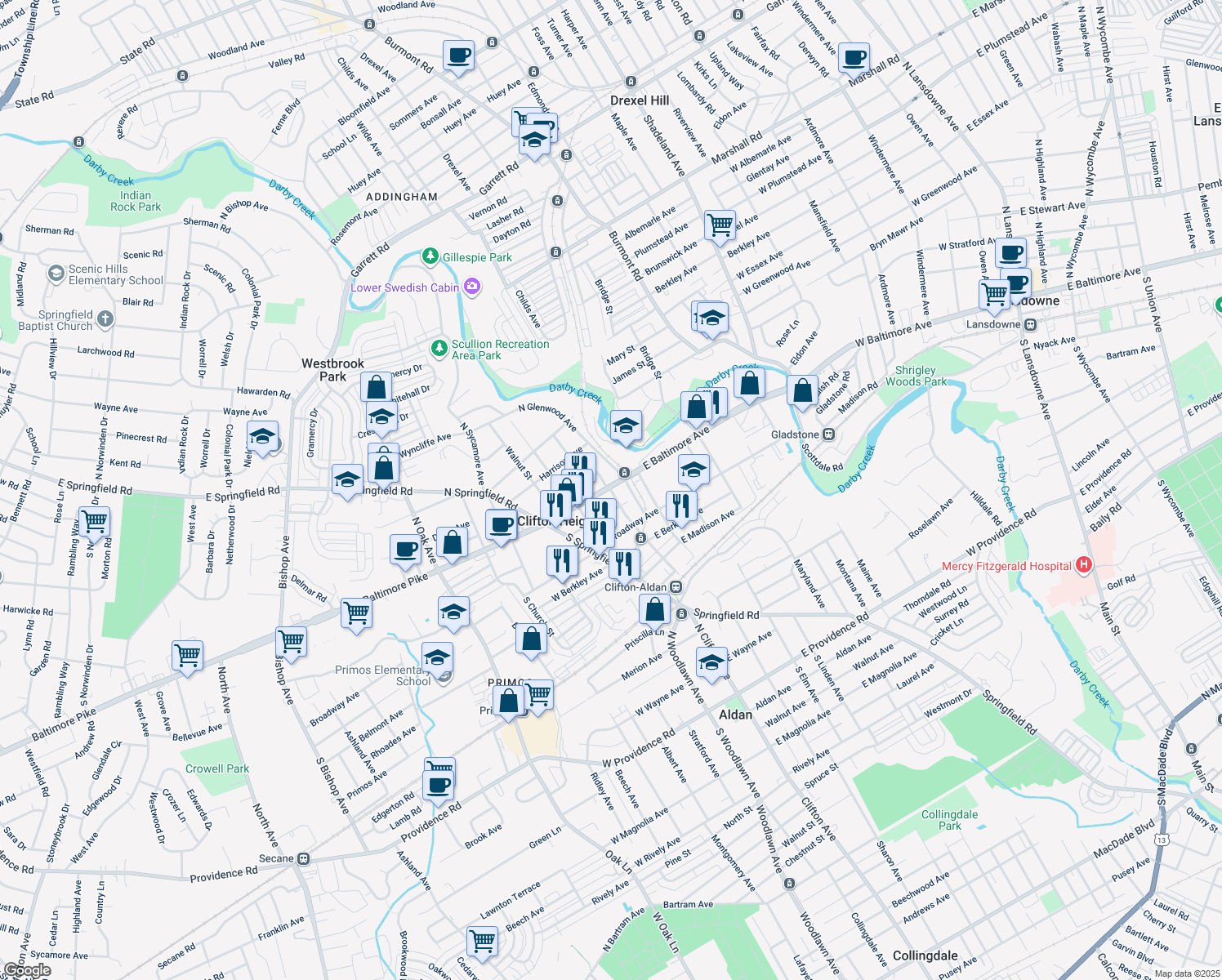 map of restaurants, bars, coffee shops, grocery stores, and more near 37 S Penn St in Clifton Heights